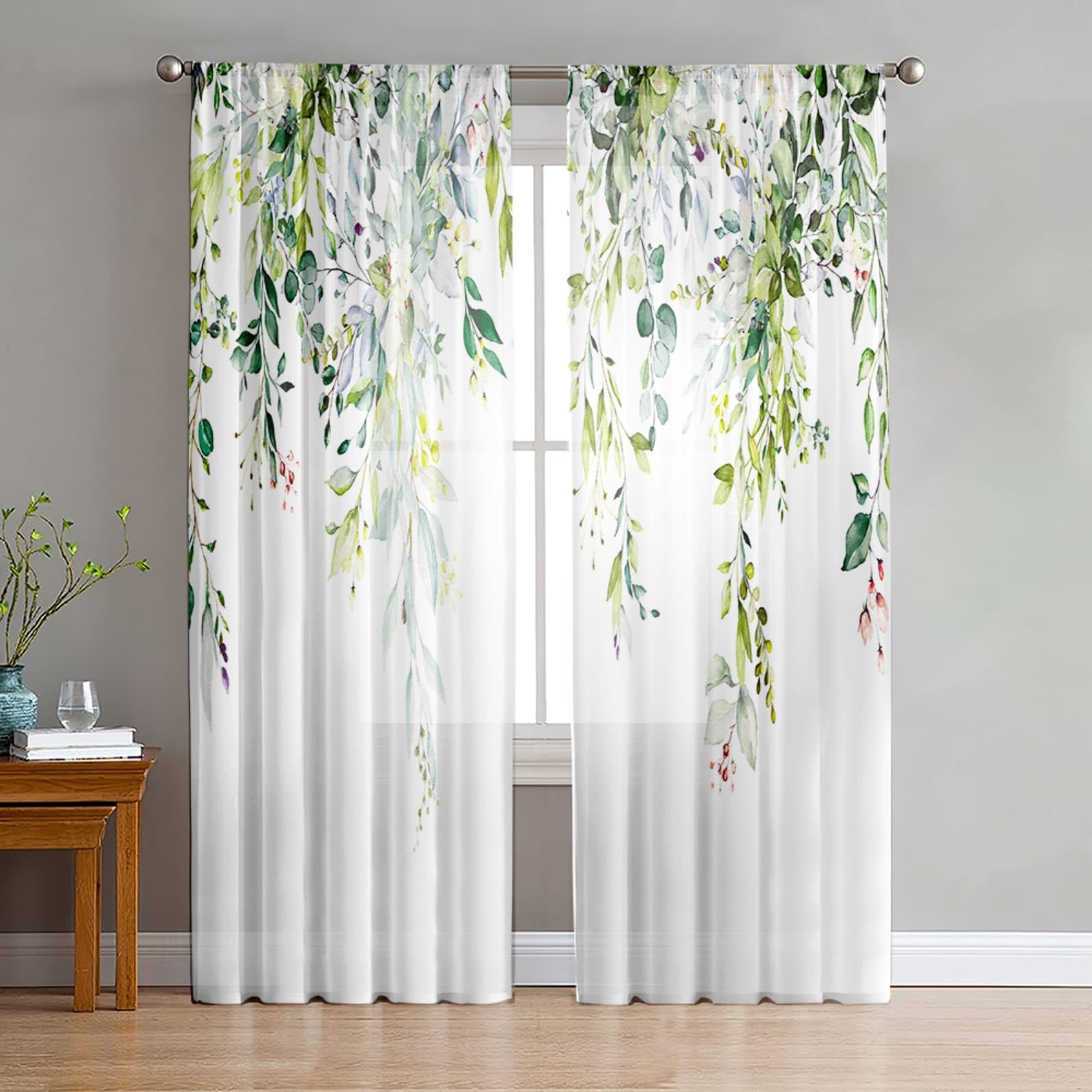 Odot Voile Net Curtains for Windows Living Room, 3D Leaf Pattern Rod Pocket Semi Sheer Curtains 2 Panels Light Filtering Translucent Tulle Voile Panel for Decorative (Eucalyptus Leaf A,51x96in)