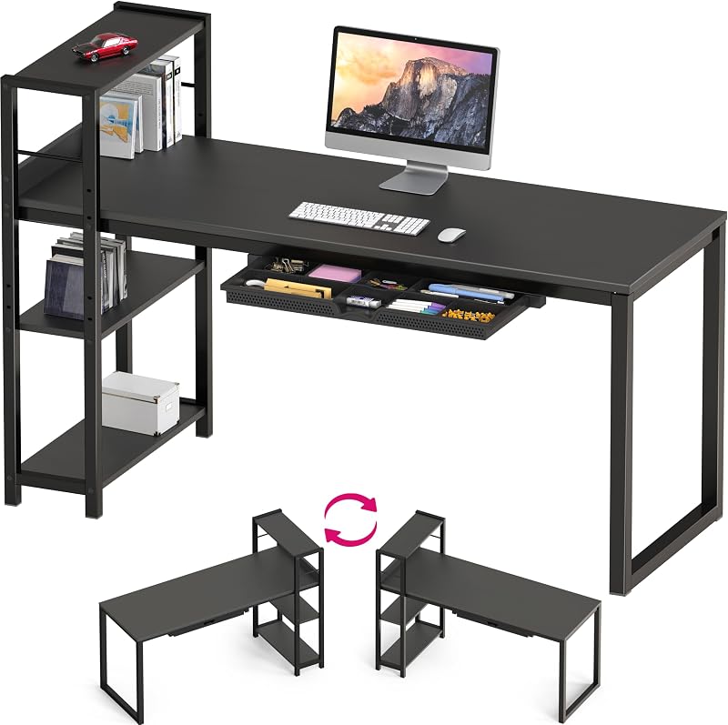 SHW Escritorio para computadora de oficina en casa de 46 pulgadas con estante lateral y cajón, negro | con estante ajustable reversible | Cajón con compartimentos ajustables