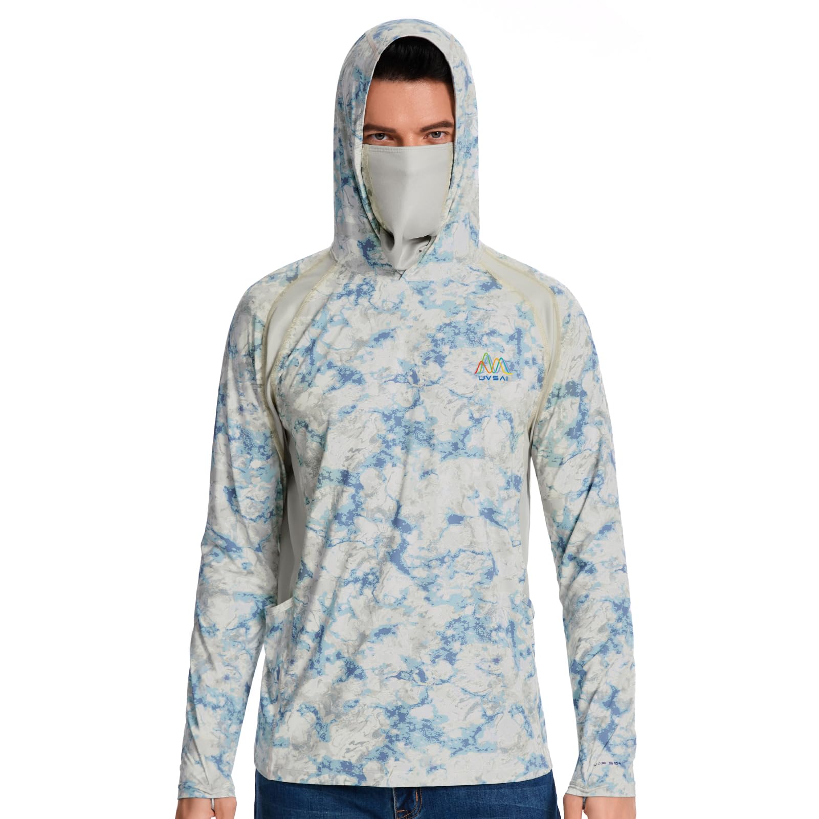 Men’s UPF 50+ Hoodie Shirt with Mask Long Sleeve Permanent UV Sun Protection Neck Gaiter Performance T for Outdoor