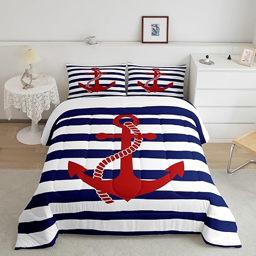 Miniatura 8 de Juego de edredón de ancla náutica, tamaño Queen, con diseño de rayas geométricas, juego de edredón acolchado con temática de aventura oceánica, azul