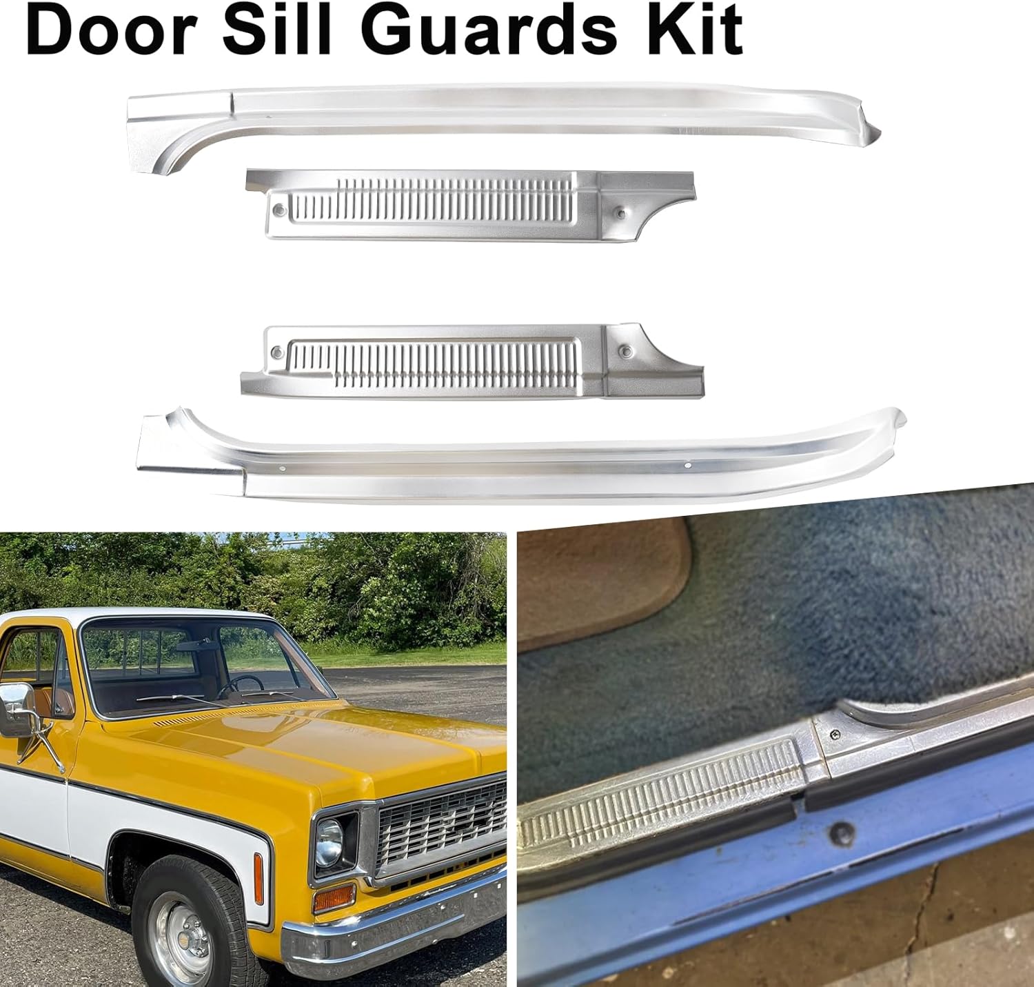 Aluminum Door Sill Trim Kit 4PCS Compatible with 1973–1977 Chevy C10 C20 C30 K10 K20 K30, GMC C15 C25 C35 K15 K25 K35 Pickup, Aluminum Door Sill Plates Replacement