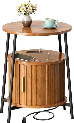 Mesas auxiliares con almacenamiento, mesita de noche acanalada con estación de carga, pequeñas mesas de noche modernas de mediados de siglo, mesa