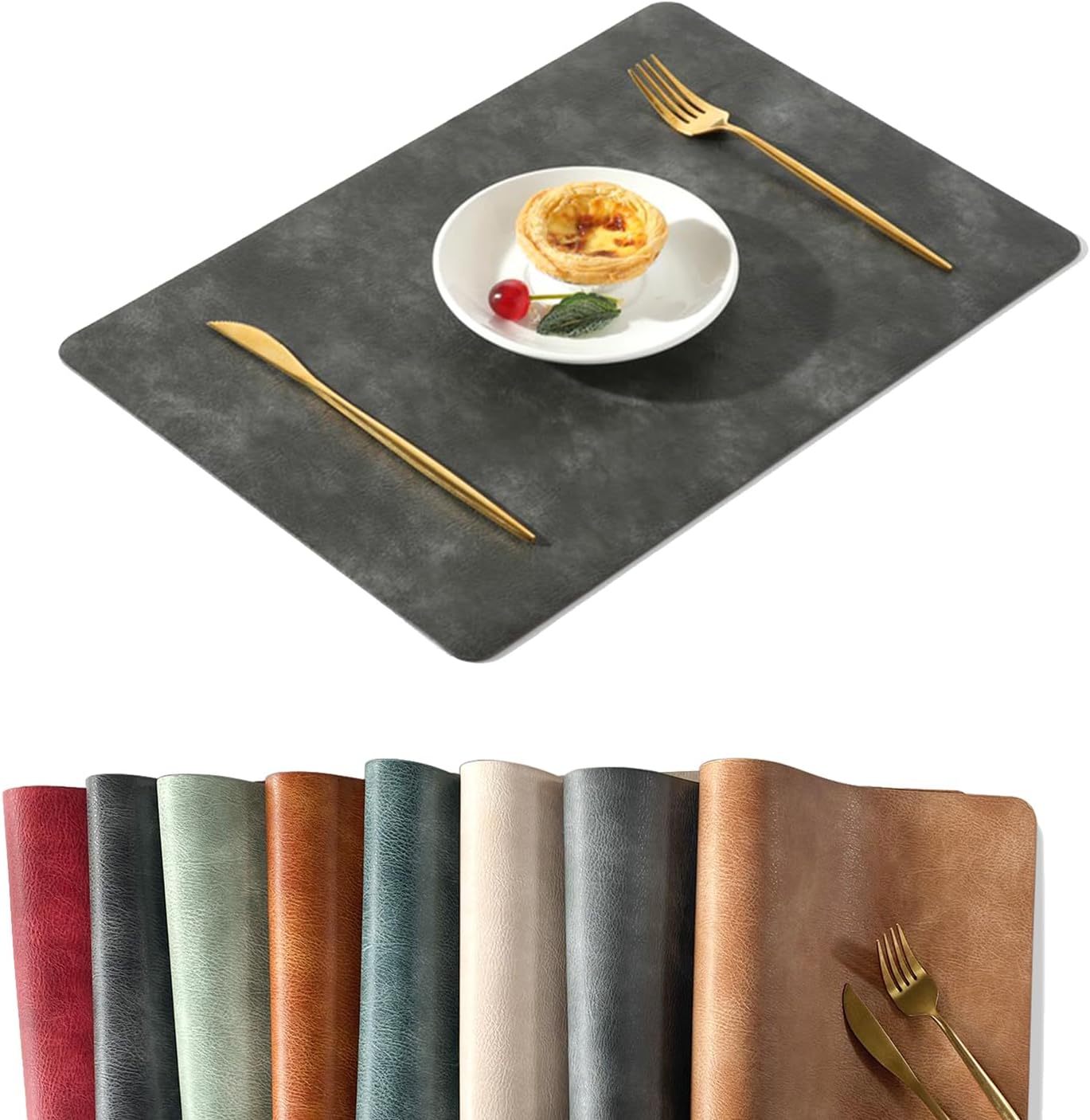 UnivoColors Washed Cowhide Pattern PU Leather Placemats Set of 8 Heat Resistant Kitchen Table Mats, Waterproof Wipeable for Party Decoration(Black)