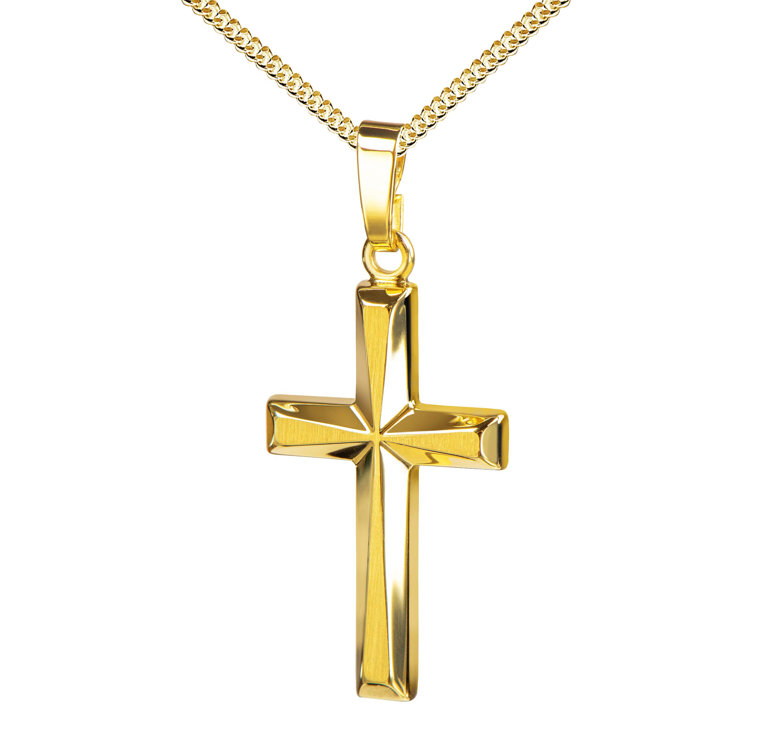Halslette Anhänger-Kreuz mit Panzer-Kette Gold-Kreuz für Damen, Herren und Kinder in hochglanz poliert mit 3D-Effekt als Ketten-Anhänger + Schmuck-Etui