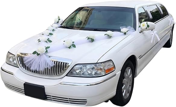 Just Married Car Decorations Set, 4 Wedding Bows & Two Lengths of 1.6m Tulle with 9 Artificial Floral, White Wedding Car Flowers Decoration, Just Married Front Automotive Flower Decor for Bridal Party