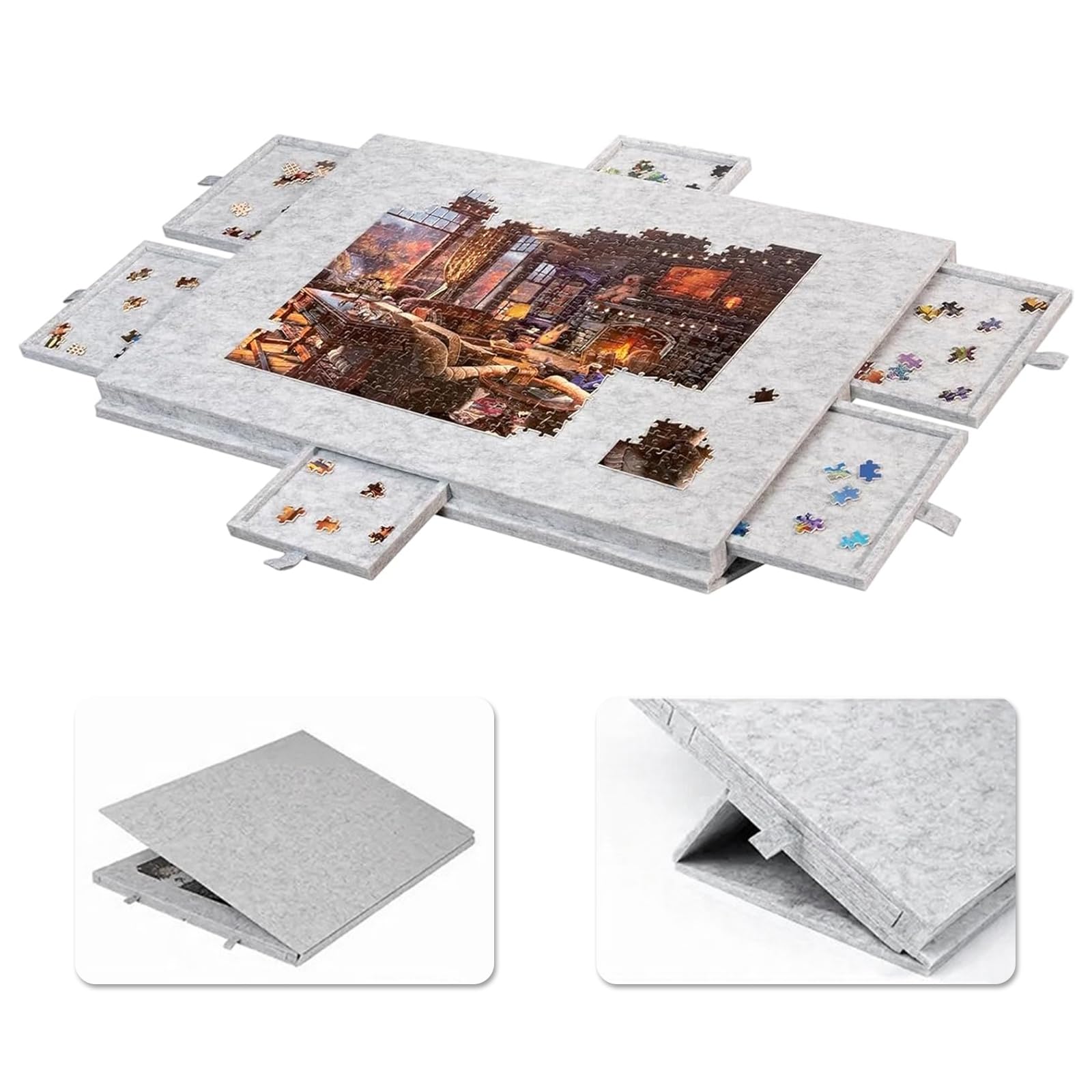 Tablica puzzli, stół z 6 szufladami, płyta z filcu, 1000 elementów, stół puzzle 2 w 1, stół z pokrywą stojaka, składana, filcowa deska do puzzli, kolor srebrno-szary