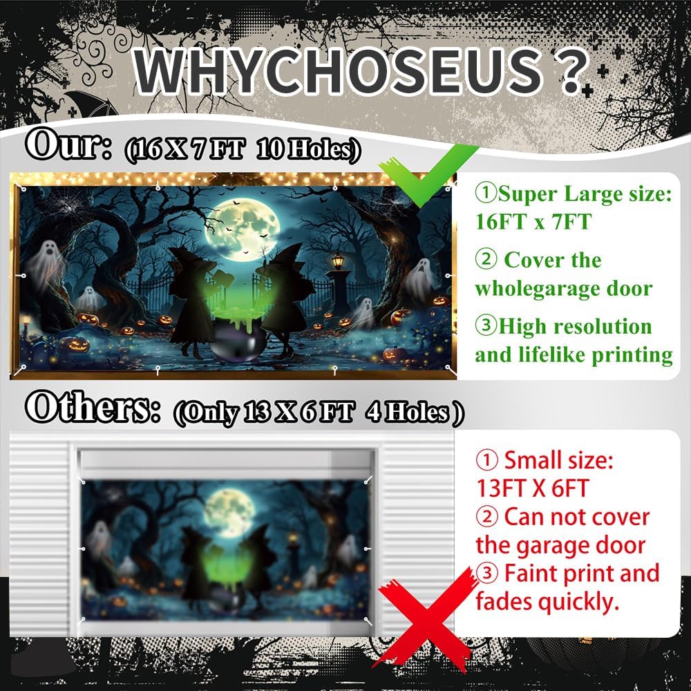 Halloween Garage Door Decorations Cover Banner 7x16ft Scary Halloween Backdrop Banner,Large Hanging 2 Car Garage Door Cover,Spooky Witch Horror Forest Backdrop Wall Decor for Outdoor Holiday Decorations