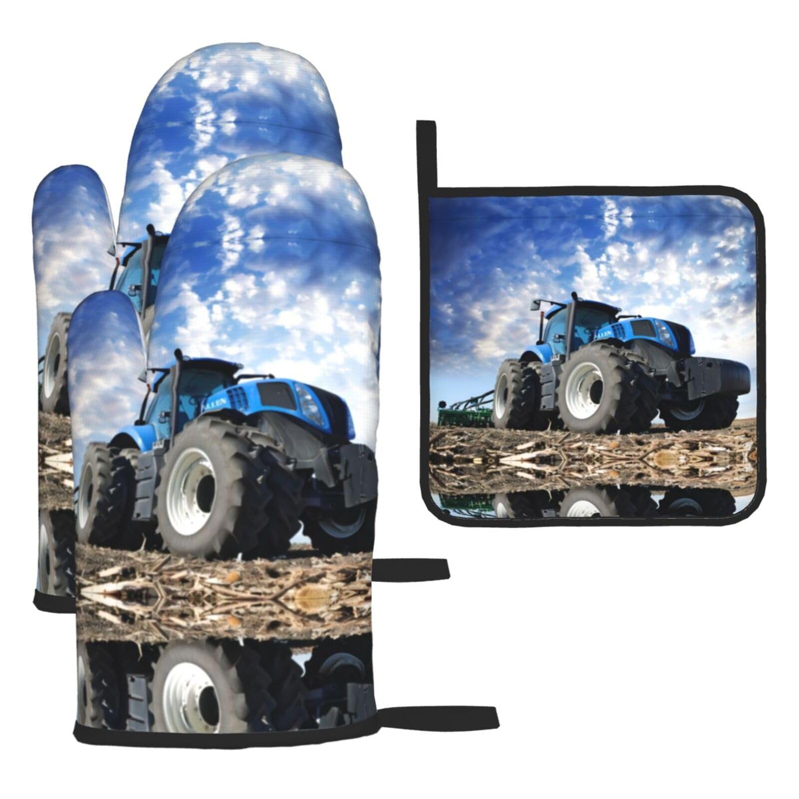 Farm Tractor 3 Piece Kitchen Oven Mitt Set Heat Resistant Gloves with Pot Holder Mat Polyester Printed for Cooking Baking BBQ Grill