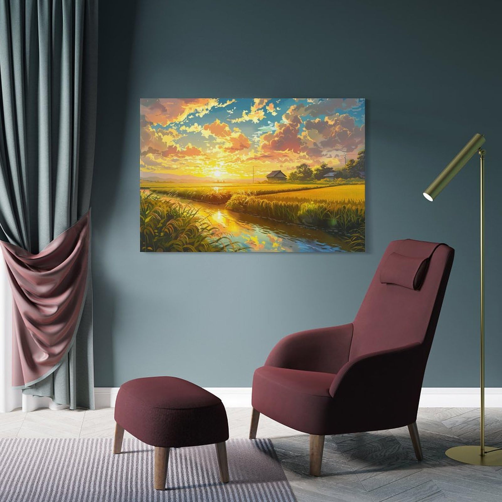 絵画 インテリア　絵　 額付(銀）油絵　F4-081411　風景　朝夕陽　田園 絵画 インテリア 絵 額付(銀）油絵 F4-081411 風景 朝夕陽 田園