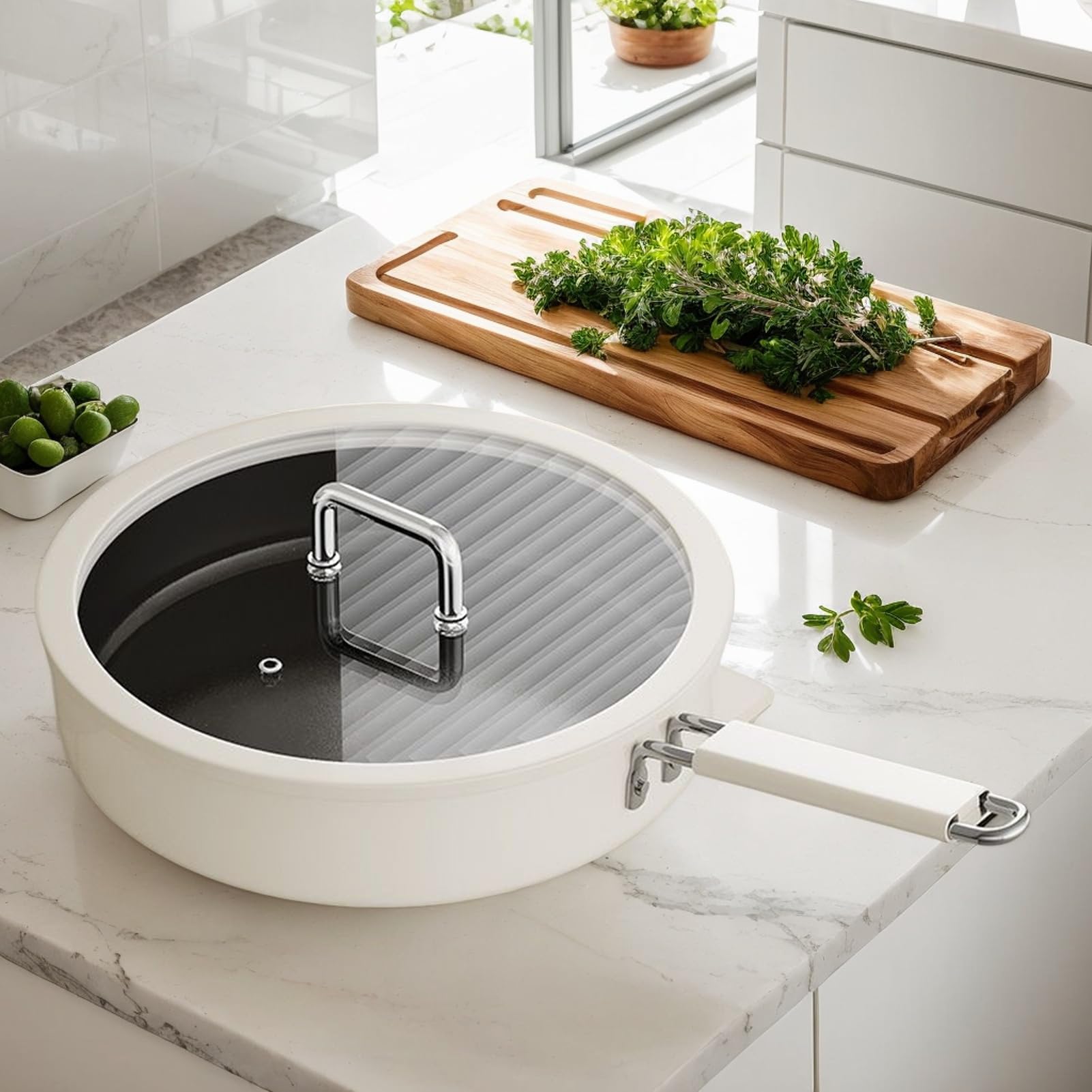 Patelnia Beztłuszczowa Patelnia z Powłoką Ceramiczną | Ceramiczna Powłoka Patelnia Tytanowa z Termoizolacyjną Rączką, Do Indukcji i Płyty Elektrycznej