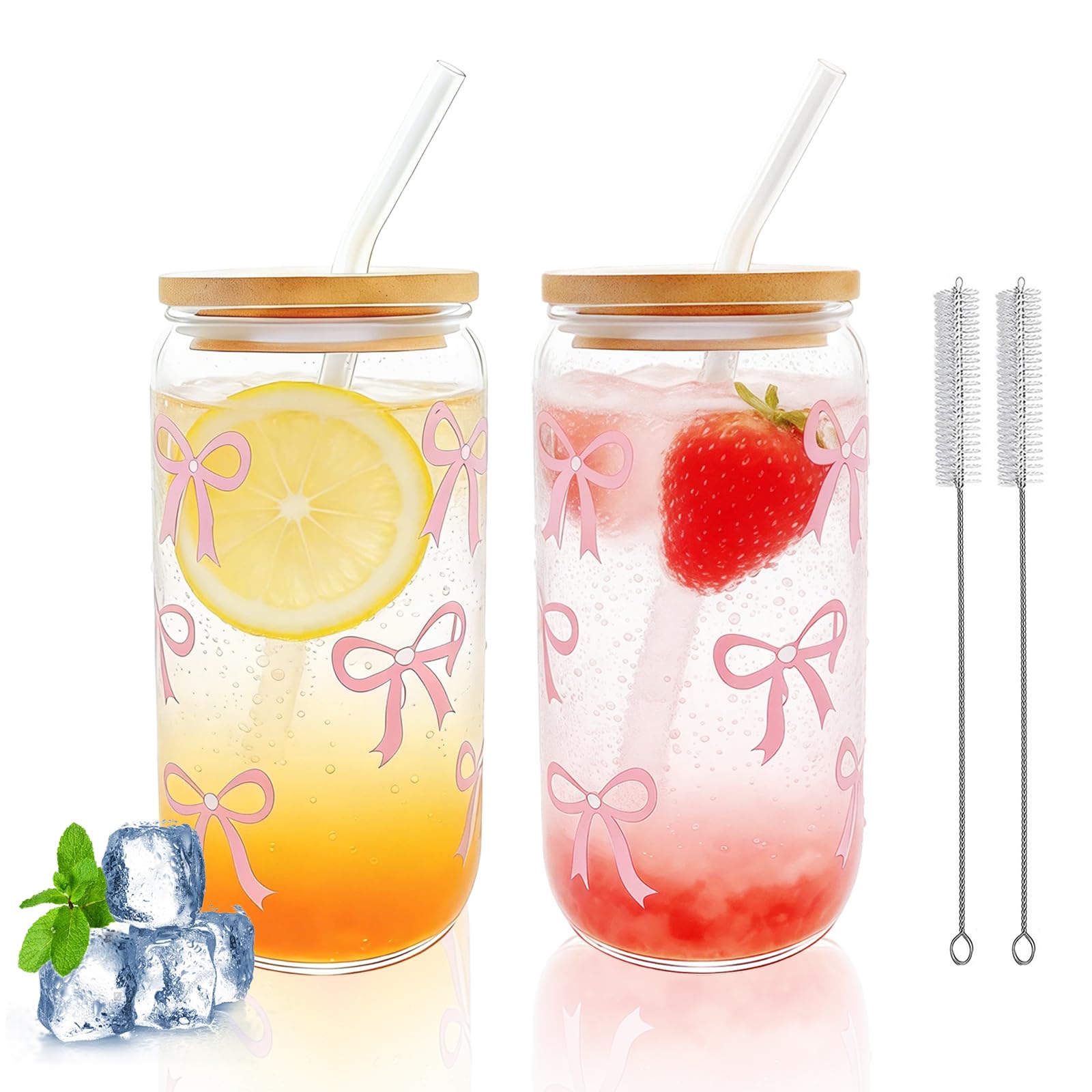 2 bicchieri con cannuccia e coperchio, bicchieri da 16 Oz Matcha, vetro a forma di lattina, bicchieri da tè a bolla con spazzola, bicchieri rosa Aesthetic per bevande, succhi di frutta, caffè