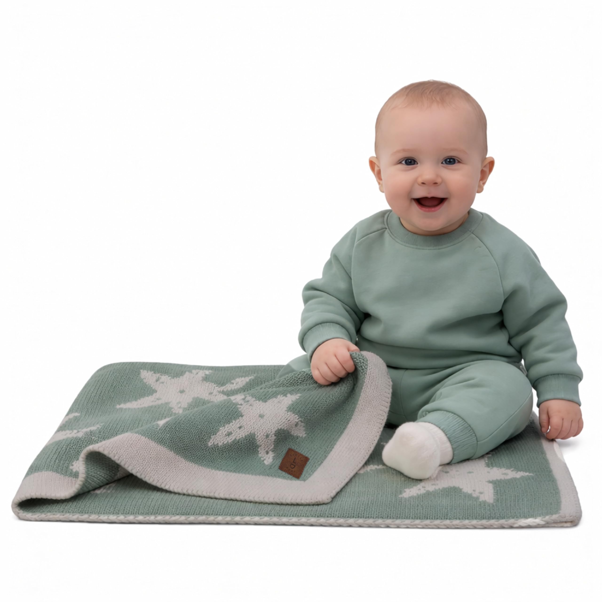 Little Dedi Baby Blanket – Soft, Reversible Acrylic Knit Blanket with Bow – Oeko-TEX Certified –Starfish Green