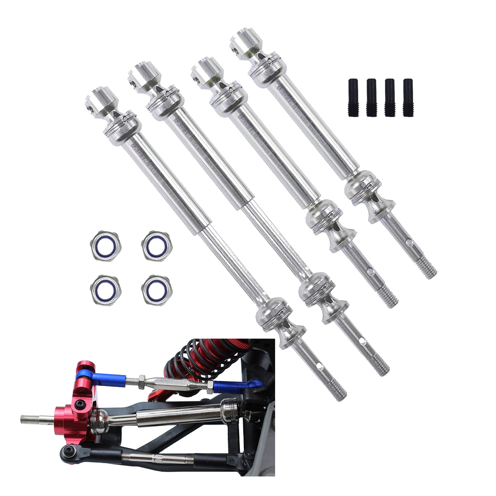 HienoLelu Steel Front Rear Drive Shaft CVD Parts for 1/10 Traxxas Slash Platinum/Ultimate/VXL 4x4/Traxxas Rustler VXL 4X4/Traxxas Hoss VXL 4X4/Traxxas Stampede VXL 4X4 4WD RC Car (Silver)