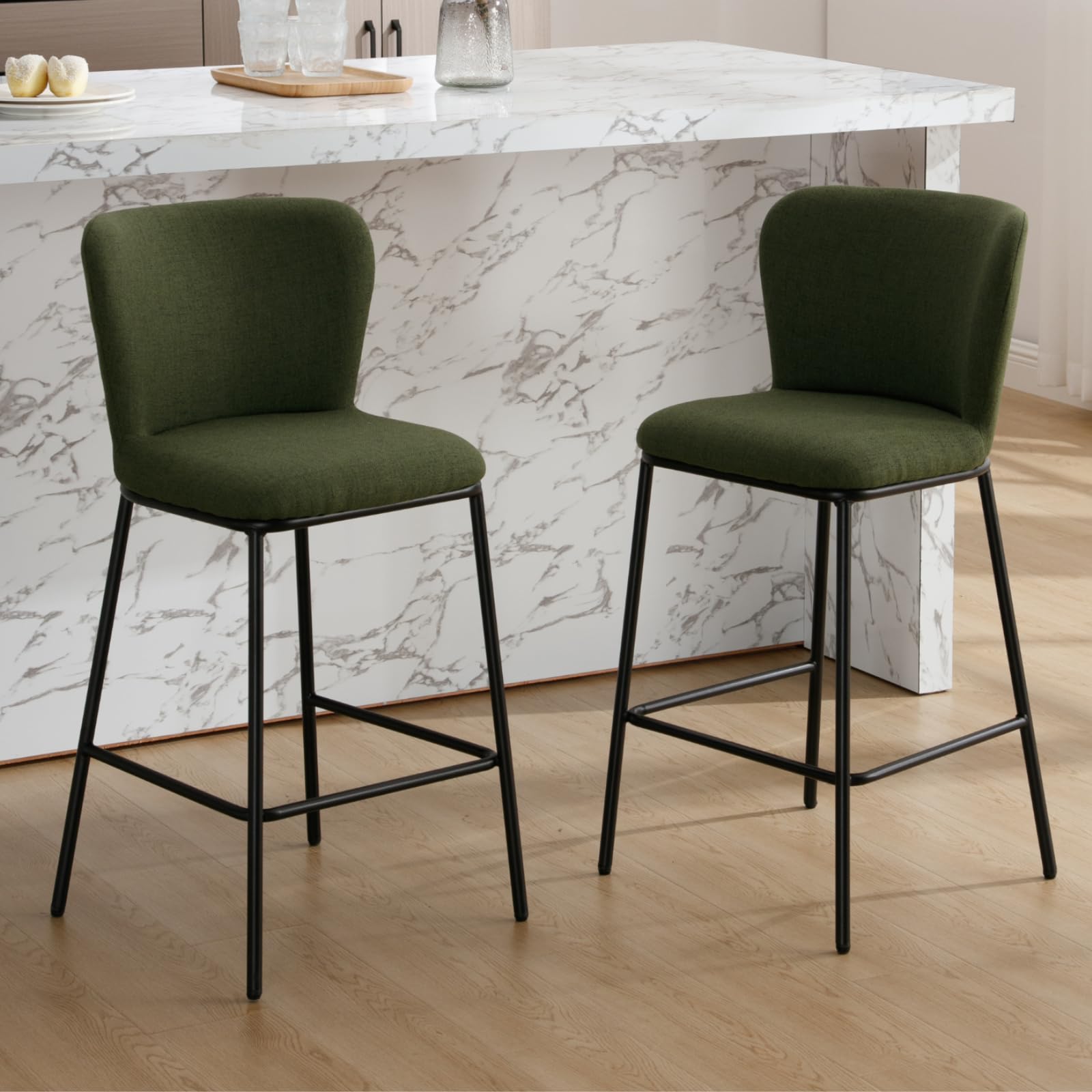 chairus Taburetes de Bar Tapizados de Lino Juego 2 de Sillas Desyuno Bar Modernas con Patas Negras, Taburetes de Mostrador Cocina con Respaldo para Hogar/Isla de Cocina, Verde