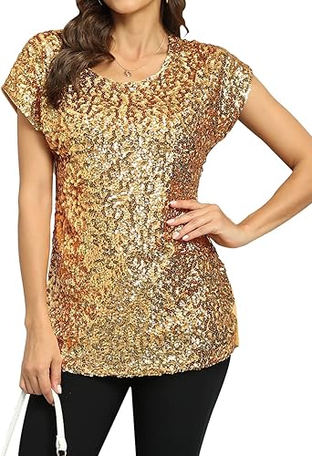 PrettyGuide Women's Evening Tops Sparkle Shimmer Glam Sequin Blouse Gold XL/US18
