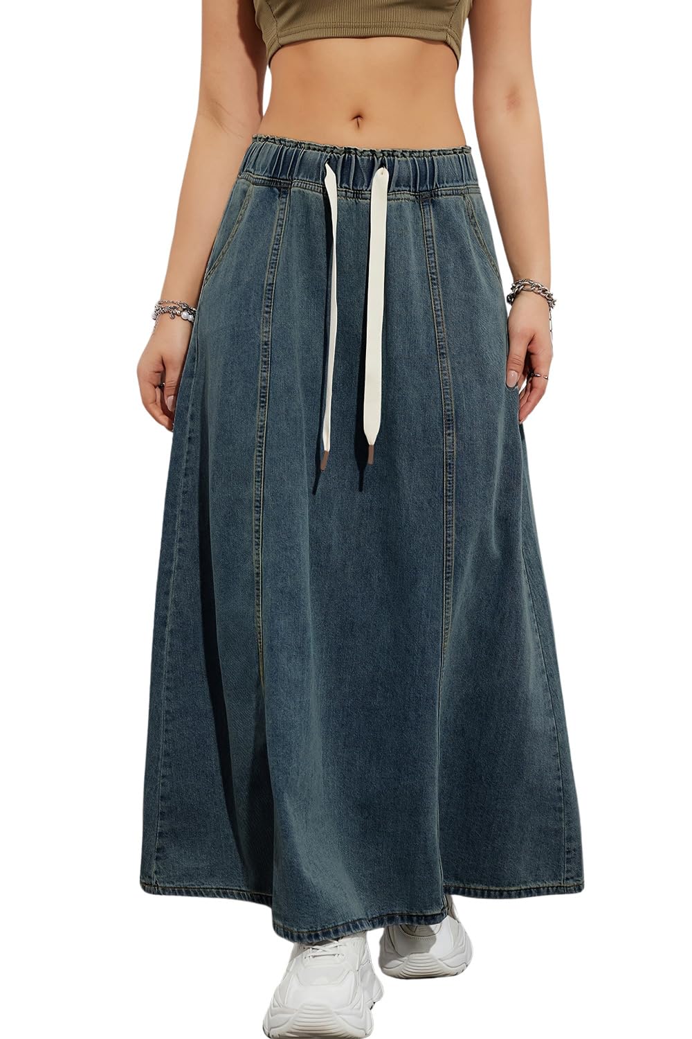 yoeasy Damen Jeansrock mit Kordelzug, elastisch, hohe Taille, lässig, fließend, schwingend, A-Linie, langer Maxi-Flare-Jeansrock