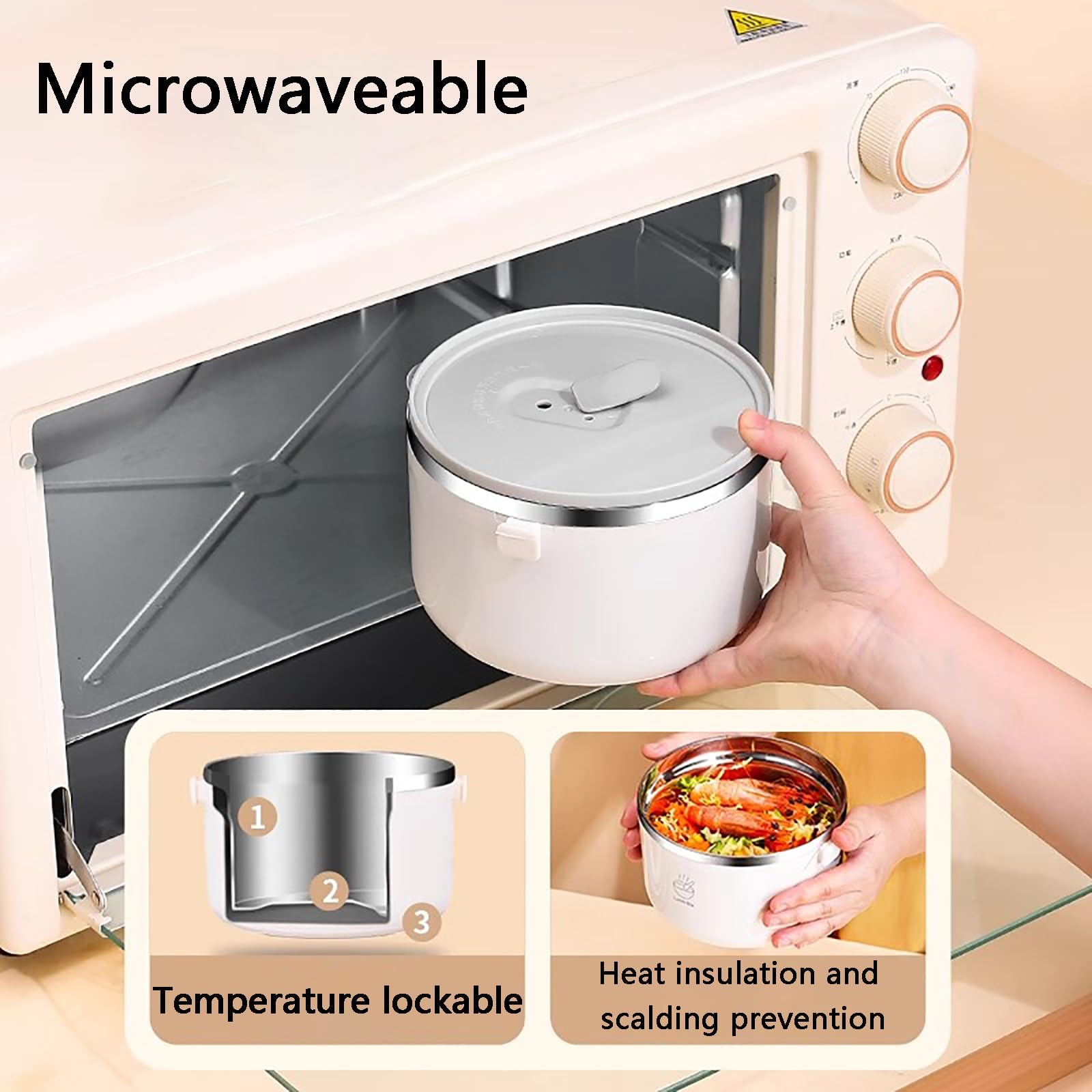 Fiambrera Infantil, Bento Box, Lonchera, Bolsa De Almuerzo Aislada, Lonchera Apilable De Acero Inoxidable, Lonchera Portátil De Gran Capacidad para Viajes, Trabajo, Picnic (blanco)(White,14.5*34cm/6*1