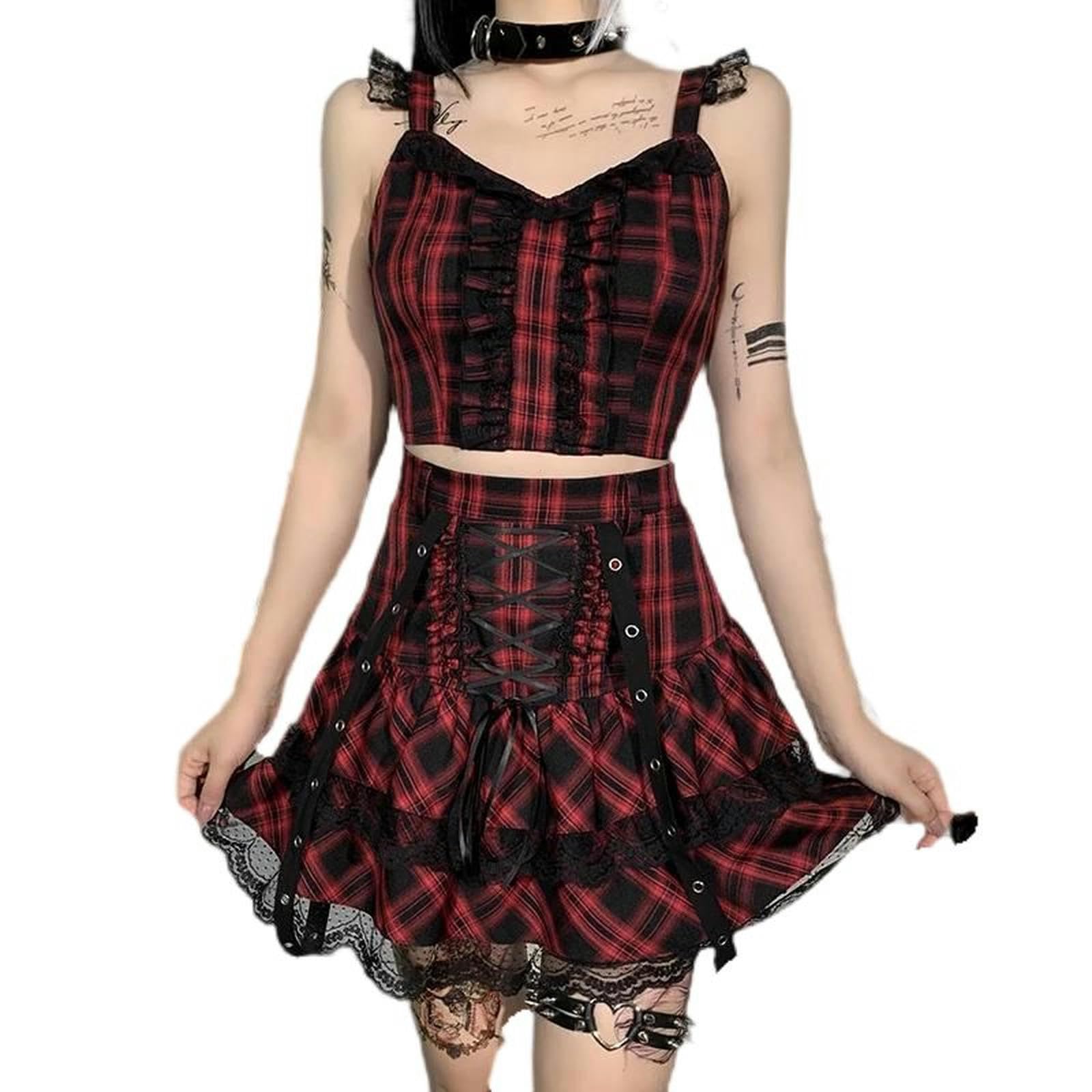 Gotycka sukienka damska koronkowe wykończenie sukienka z wysokim stanem lato punk harajuku ubrania-czerwona-S