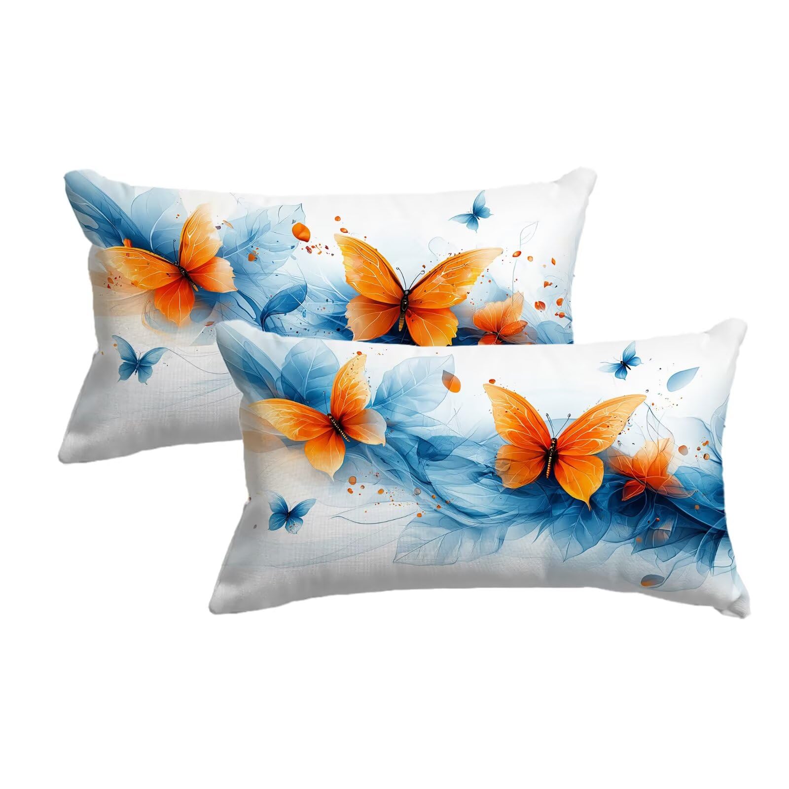 Housse coussin exterieur imperméable 50x80 blanc papillon lin lot de 2