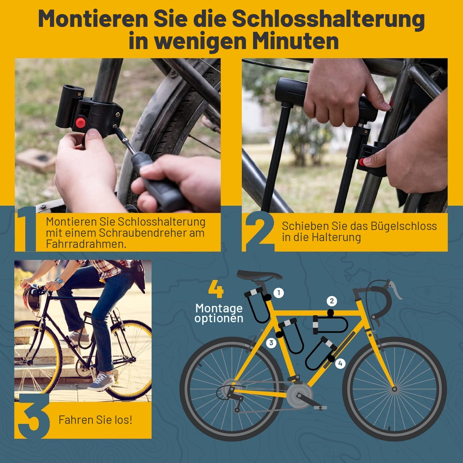 SIGTUNA Fahrradschloss - 18 mm Schweres Fahrrad Bügelschloss fürs Rennrad, Mountainbike, E-Bike, Klapprad mit Halterung, 2 Schlüssel