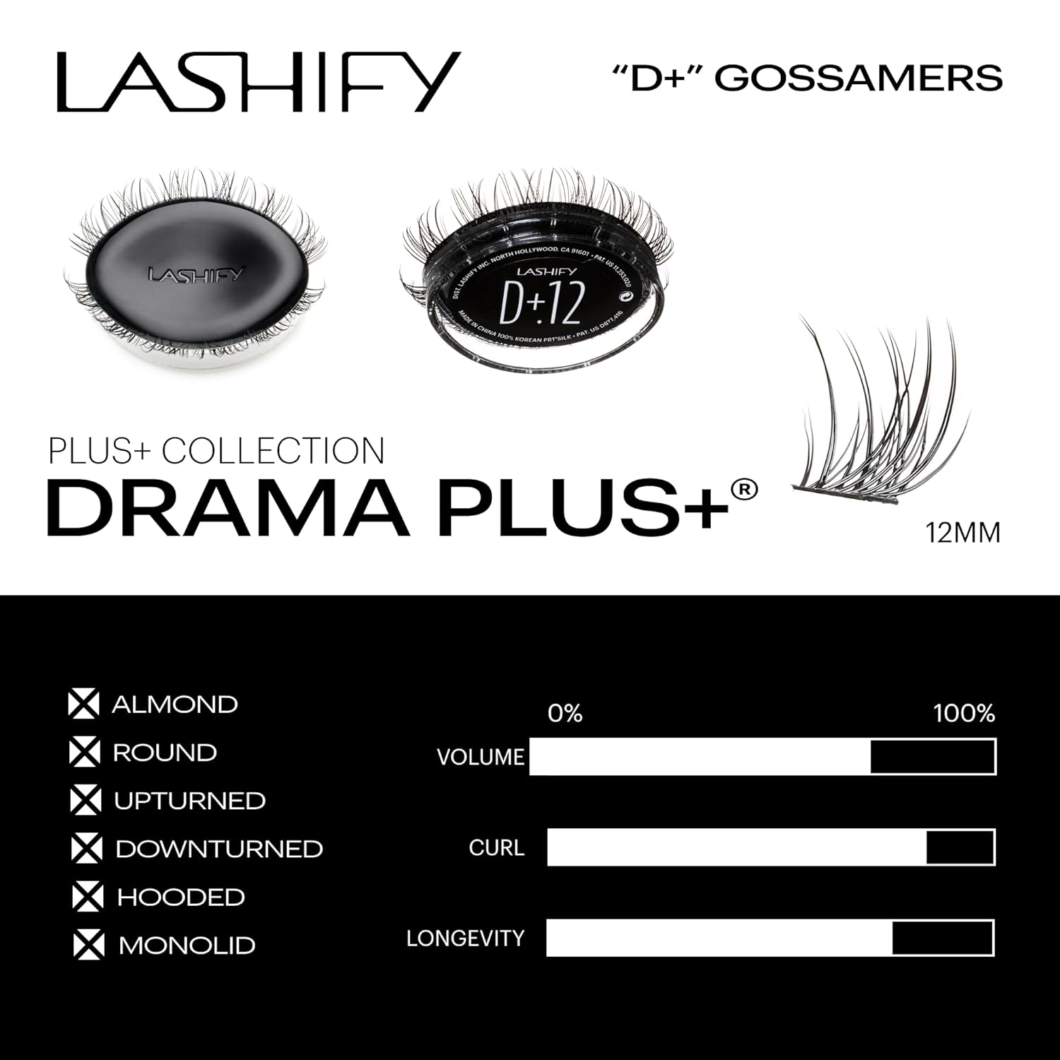 Lashify Drama Plus+ 12mm Gossamer Eyelash Extensions Refill in Black, Easy DIY False Lashes for the Most Delicate, Natural and Long Lasting Look