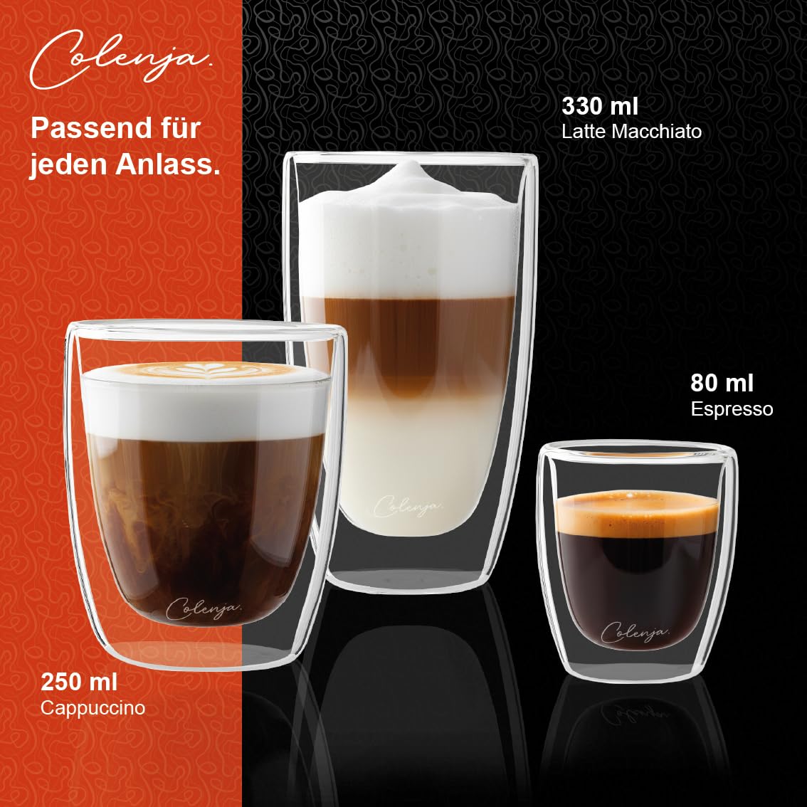 Doppelwandige Latte Macchiato Gläser - 6er Set 330ml - hochwertige Kaffeegläser – kratzfestes Glas - Borosilikatglas - Spülmaschinengeeignet - Matcha