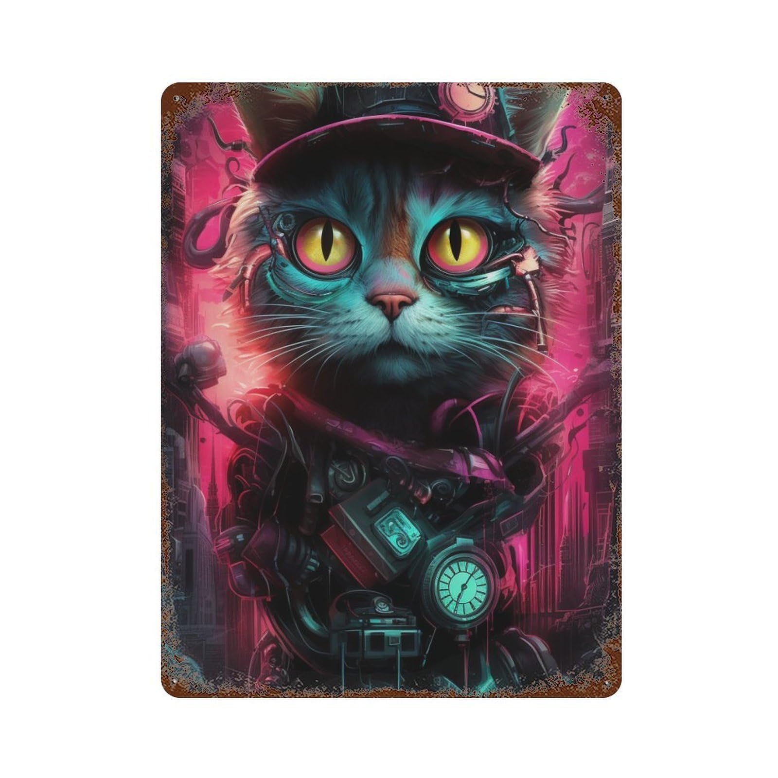 Steampunk Cat Art Print-2 15.7"x11.8" Decorative Tin Sign, Retro Wall Decor for Bistro, Counter And Cafe Decor