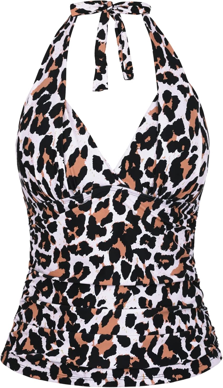 Mycoco Women's Halter Tankini Top V Neck Swimwear Top Front Shirred Bathing Suit Top