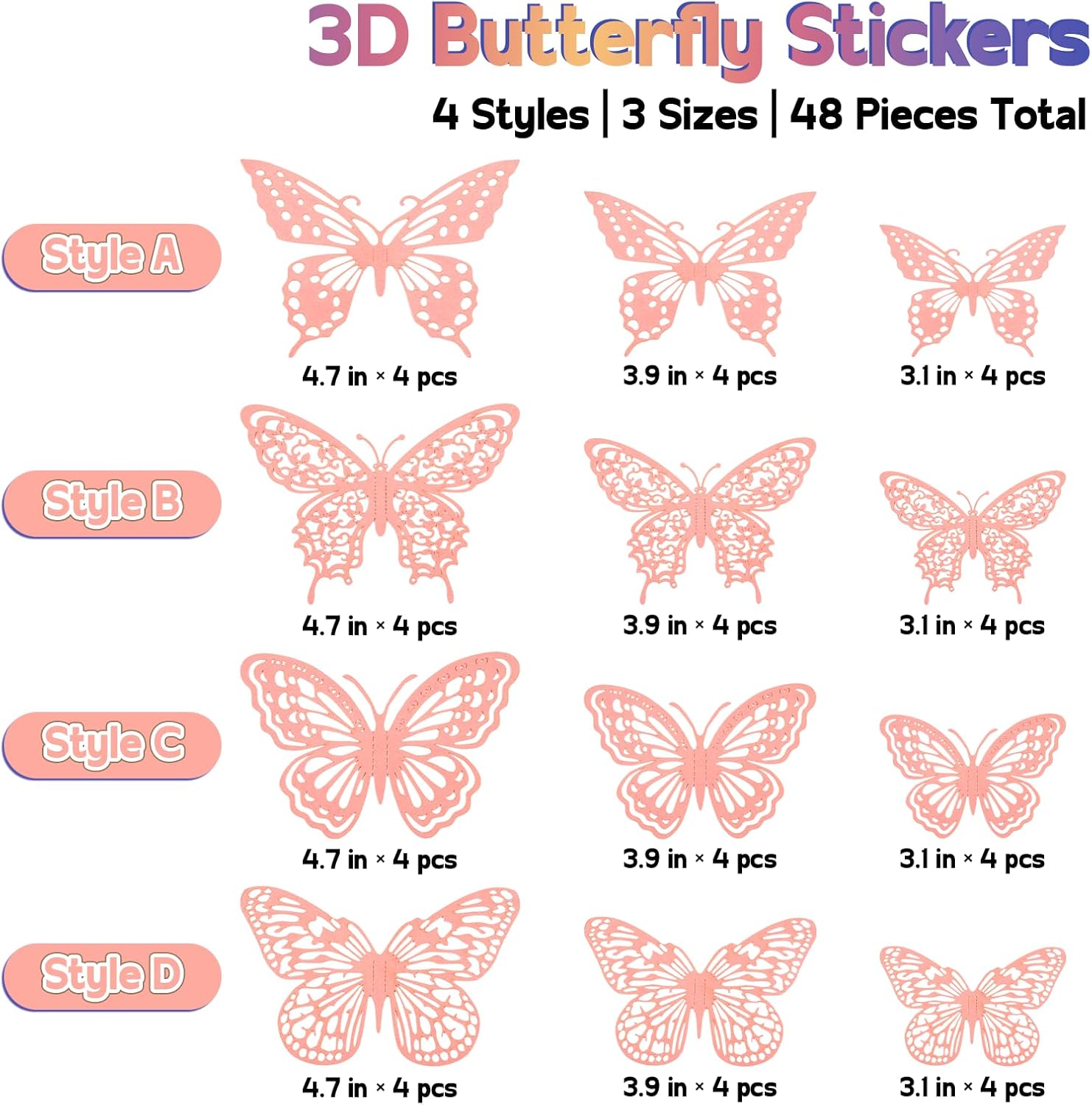 Butterfly Wall Decor, 48pcs 3D Butterfly Stickers in 3 Sizes & 4 Styles for Balloon Arch & Cake Decorations, Cute Decals for Girls Room & Birthday Party, Pearl Pink - Image 2