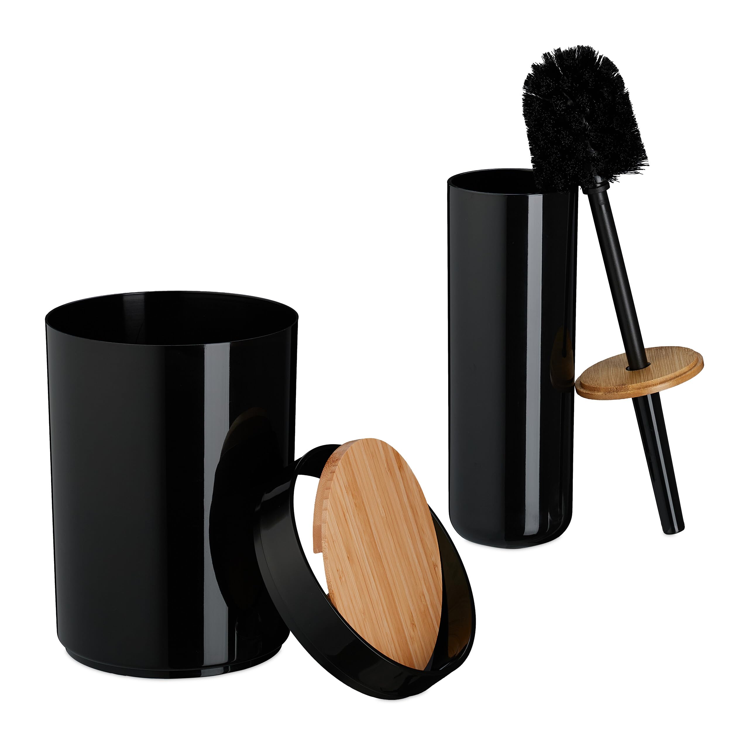 Relaxdays Lot de 7 Accessoires pour la Salle de Bain, Plastique et Bambou, Set Pratique, Noir et Nature