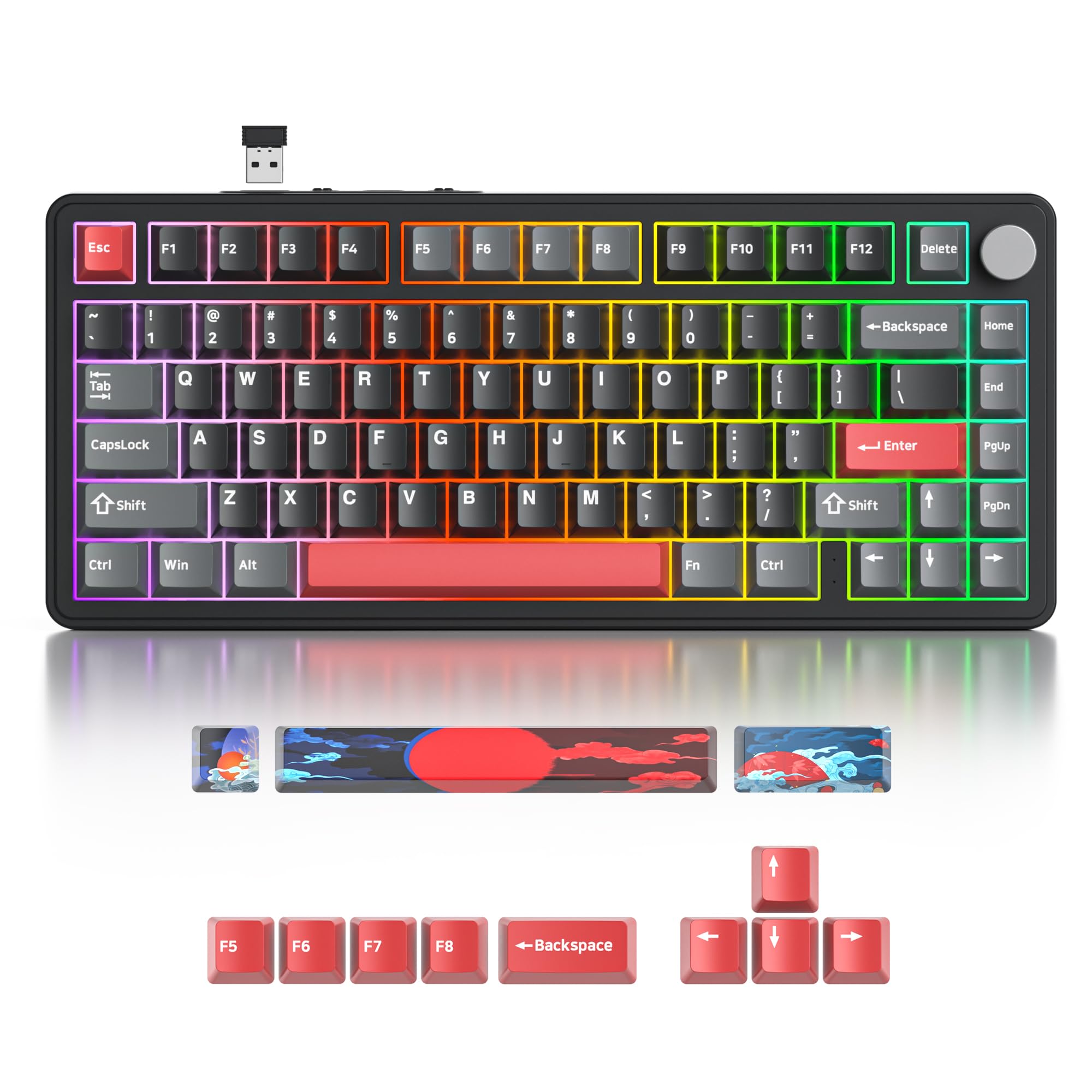 SOLIDEE Teclado Intercambiable en Caliente 75% con Perilla,Bluetooth 5.0/2.4GHz/USB-C Teclado mecánico Gasket,South Facing retroiluminación RGB Teclado mecánico para Juegos para Win Mac(Shadow Red)