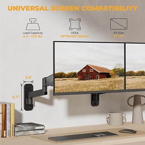 Miniatura 3 de Paquete de 2 soportes de pared para monitor individual para configuración de pared empotradavertical, brazo de pared para monitor de computadora