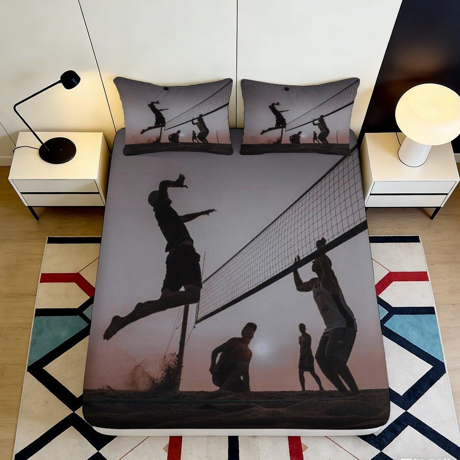 3D Printed Volleyball Game Fitted Sheet Microfiber Soft Breathable Silhouette Bed Cover for Bedroom Dorm Decor 90x200x25cm
