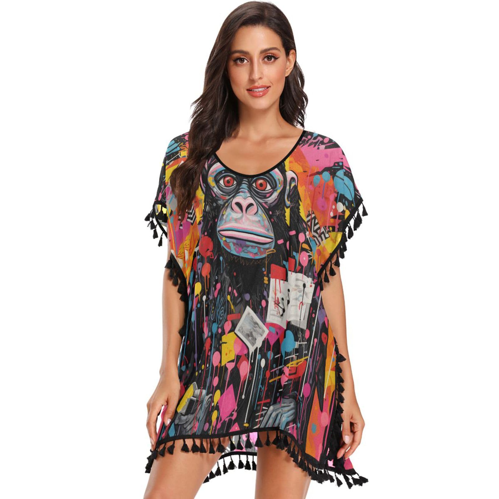 KAAVIYO Watercolor Chimpanzee Orangutan Women's Beach Cover Up Chiffon Tassel Swimwear Swimsuit Coverups for Girl