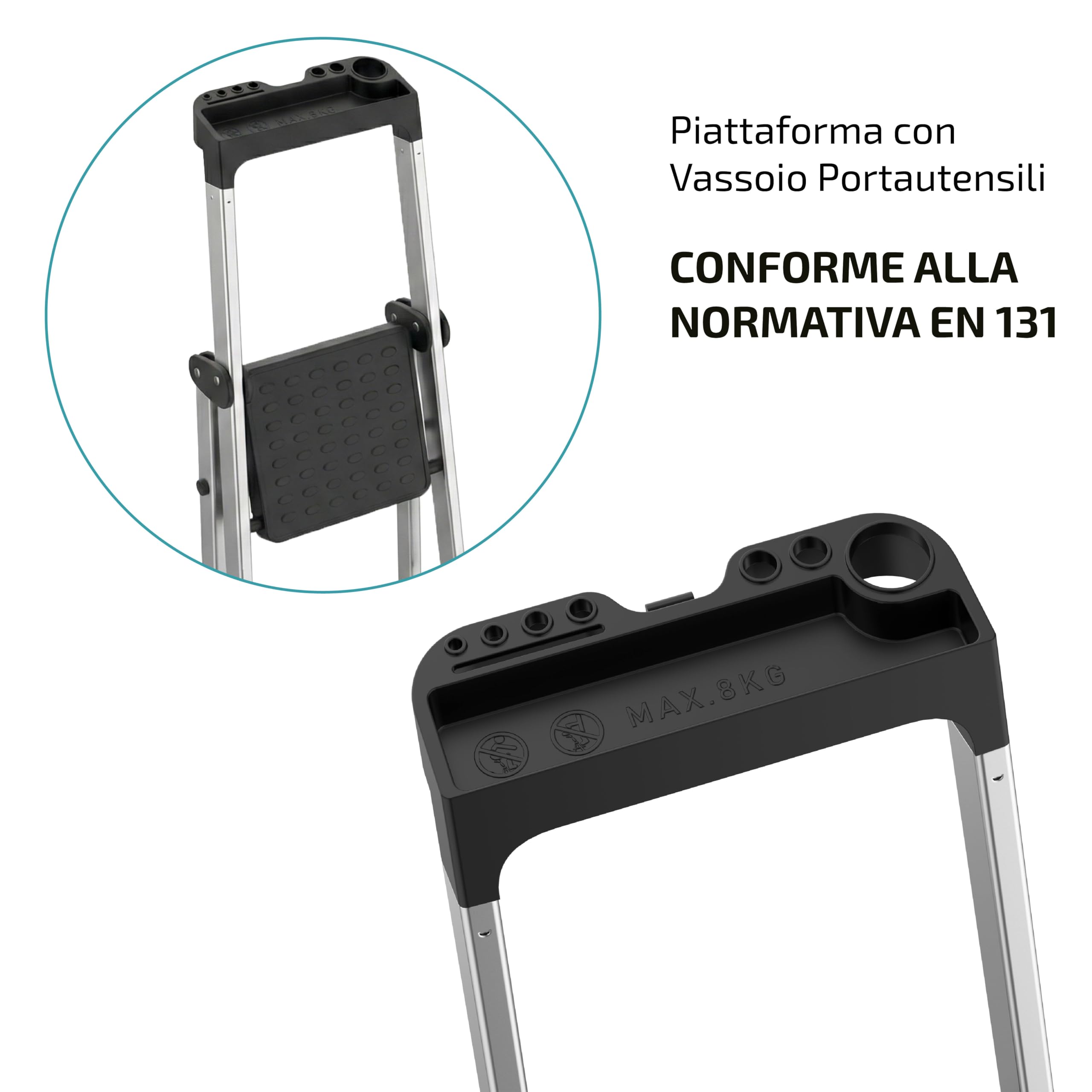 Scala Pieghevole in Alluminio a 5 Gradini con con Vassoio Portautensili Integrato || EN 131 || Portata 150kg || Struttura Robusta e Leggera per Casa, Ufficio e Fai da Te