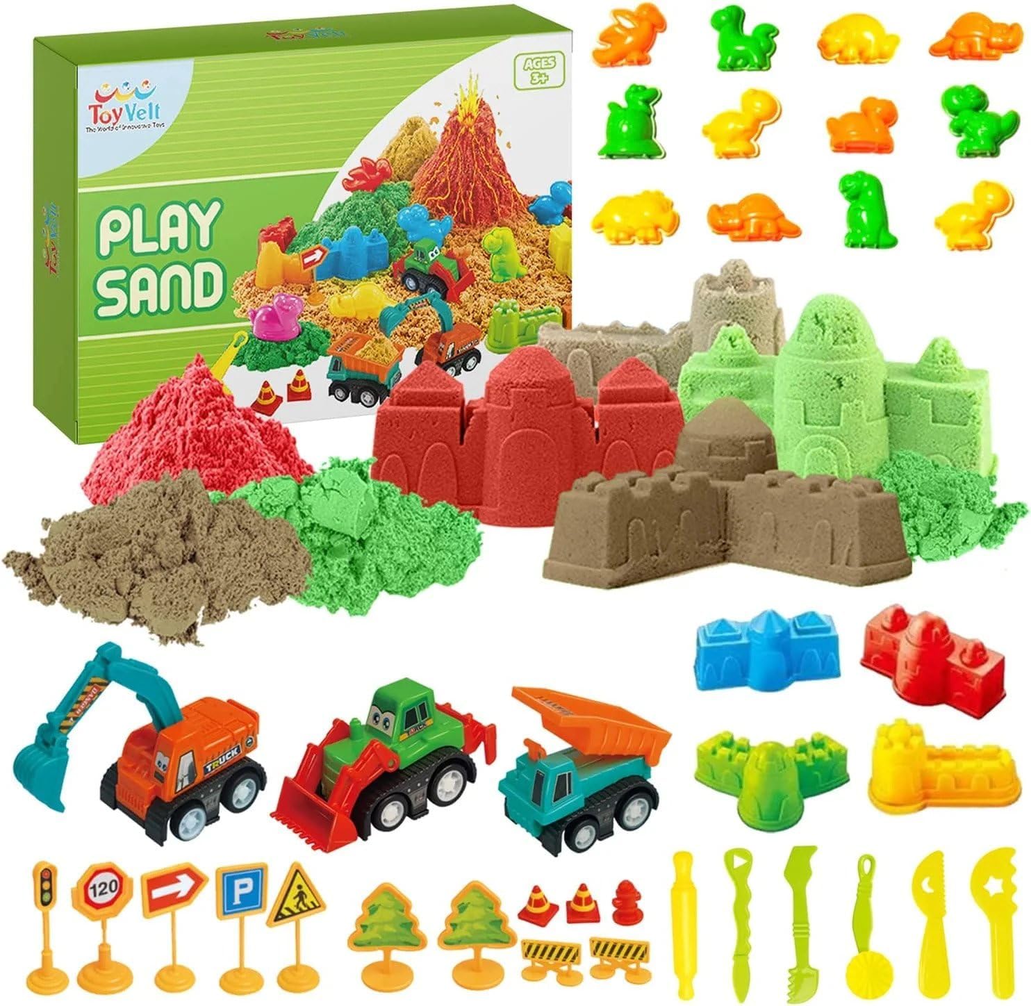 toyvelt sand toys for toddlers - dinosaur play sand kit includes, 3 lbs sand, 3 trucks, dinosaur sand molds, tray, modeling tools and accessories for boys and girls ages 3-10 years old