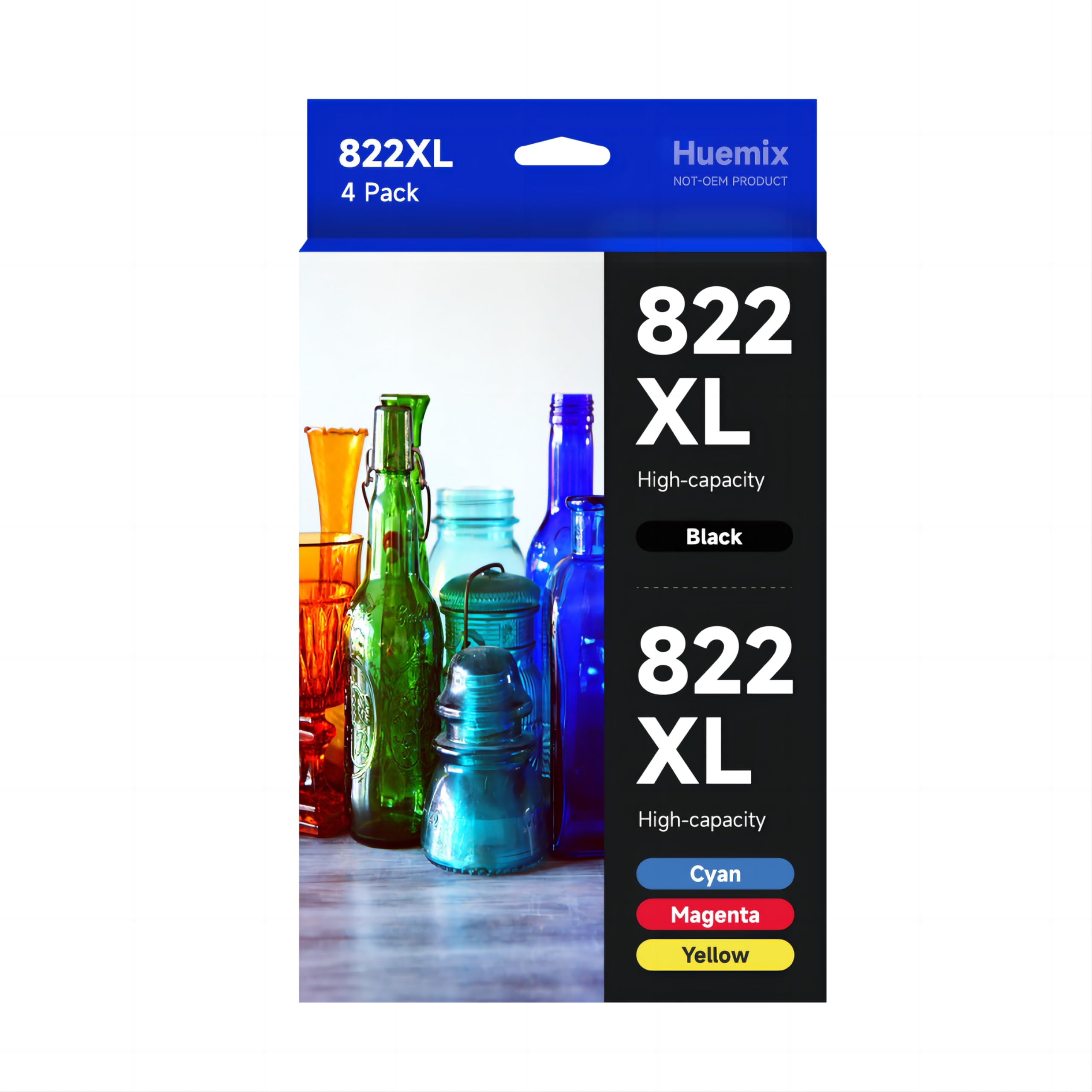 HueMix Remanufactured Ink Cartridges Replacement for Epson 822XL, 4 Count (Black, Cyan, Magenta, Yellow), High Yield, Compatible with Epson Workforce