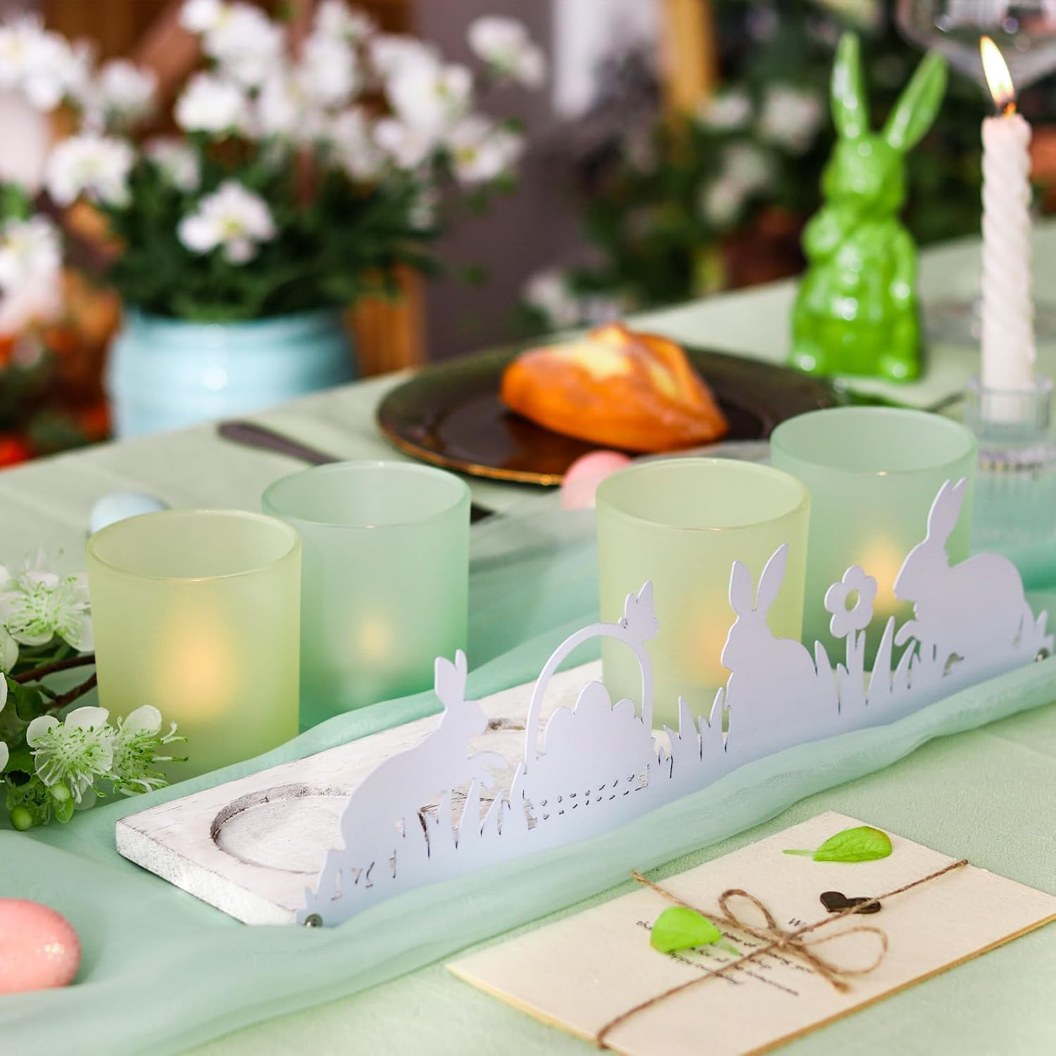 Spring Votive Candle Holder Set, Includes 4 Glass Candle Holders & 1 Wooden Tray with Metal Bunny Decor for Table Centerpiece Decorations and Indoor Outdoor Home Decor