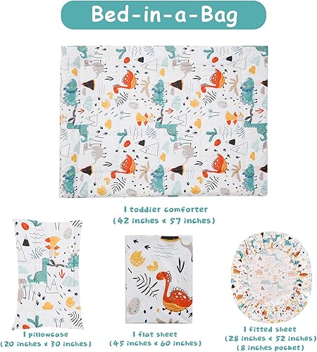 Miniatura 4 de JSD Juego de ropa de cama de 4 piezas con diseño de dinosaurio para niños y niñas, incluye sábana encimera, sábana bajera, edredón acolchado y funda