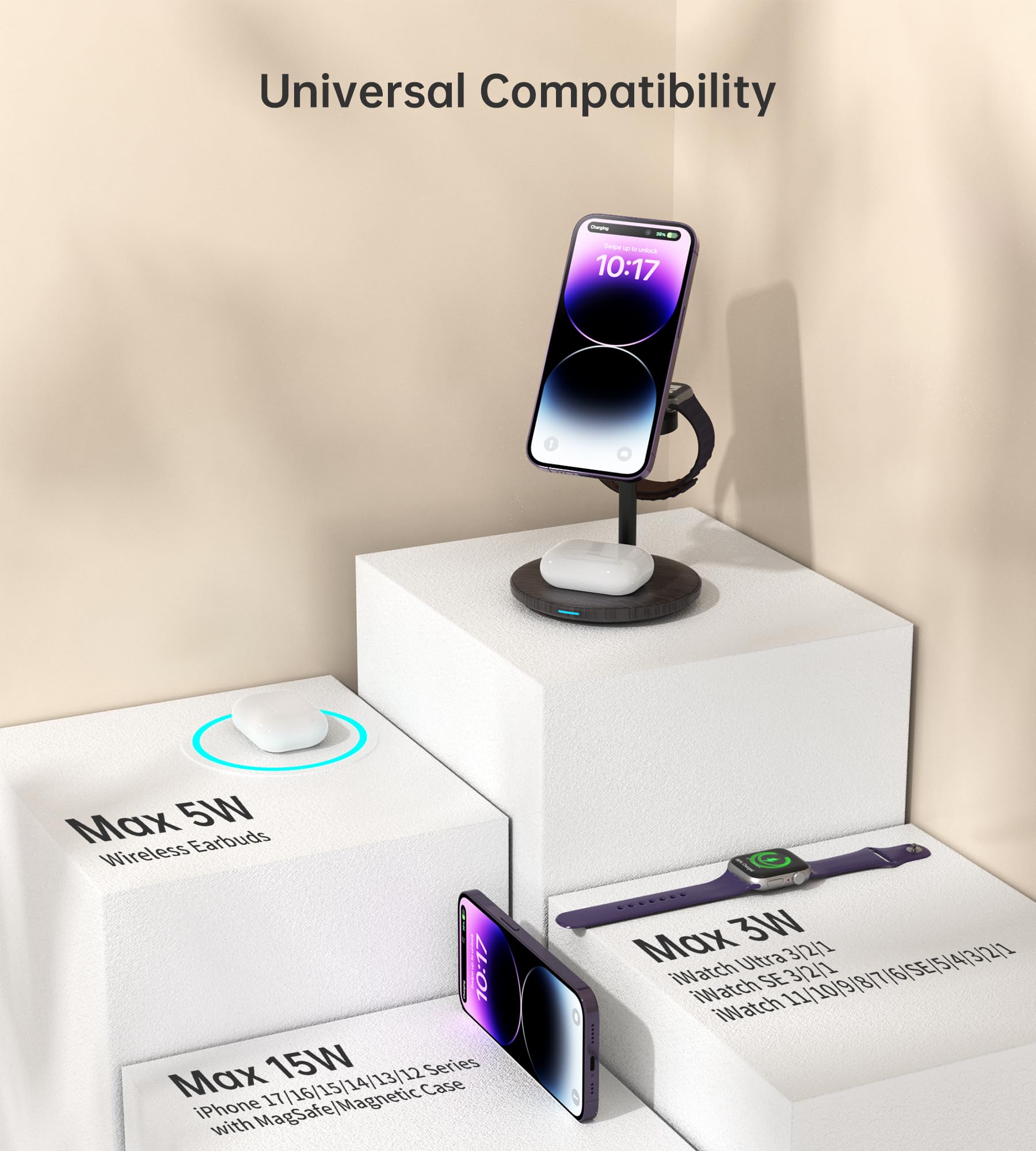 XooFly Stazione di ricarica wireless 3 in 1 per dispositivi Apple, supporto caricabatterie wireless veloce Mag-Safe con adattatore da 20 W per iPhone 17/16 15 14 13 12 Pro Max/Pro/Plus/Air/Mini