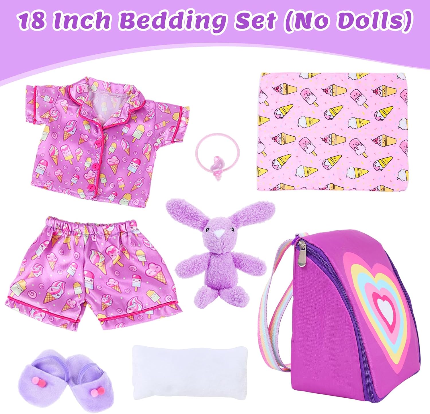 Ecore Fun 18 Inch Doll Clothes and Accessories, Bedding Accessories (8pcs) - Multi-Functional Sling Bag(Unfold Into A Bed), Pajamas, Slippers, Pillow, Blanket, Toy Rabbit, Hairband