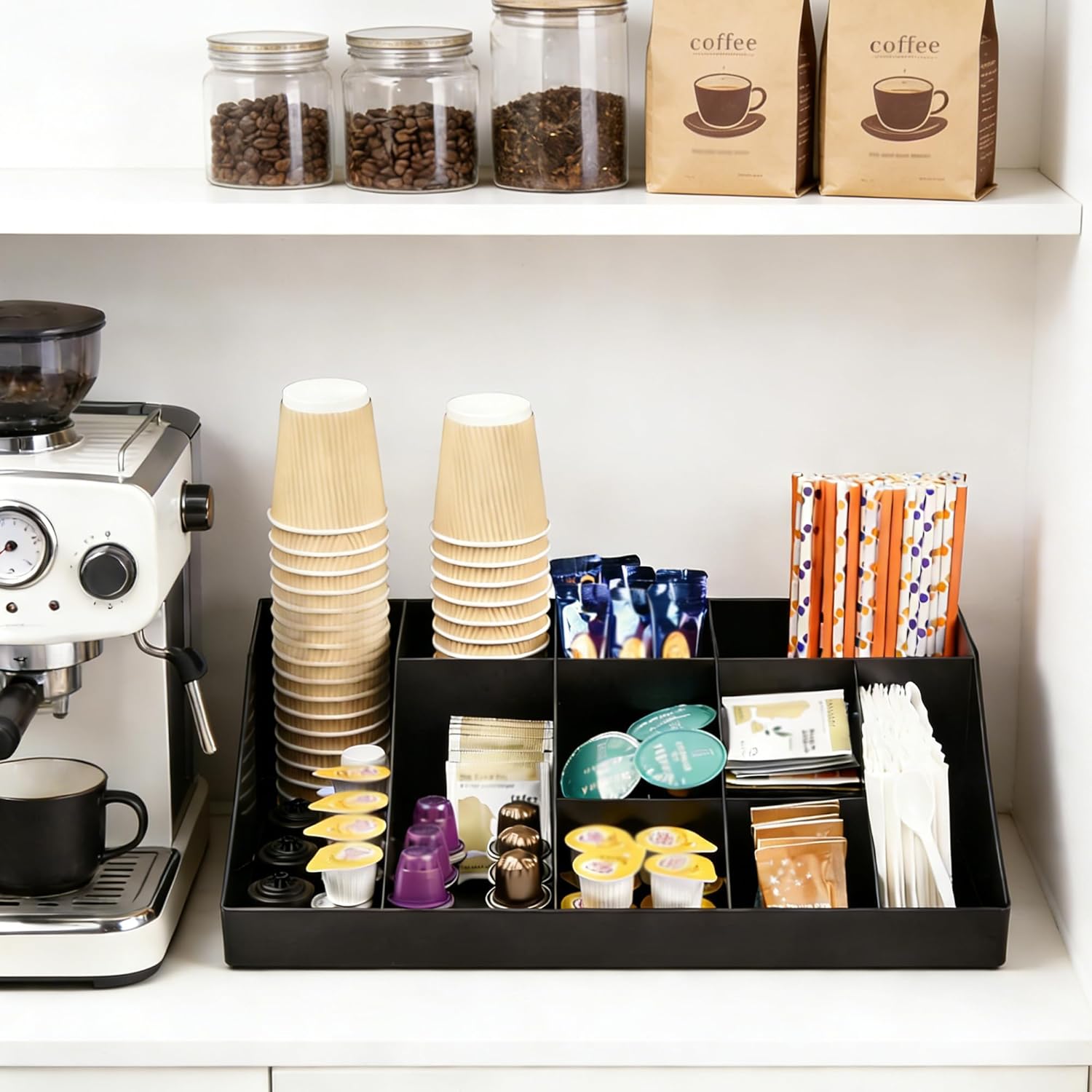 SZQINJI Coffee Condiment Organizer Holder 10-Compartment Break Room Coffee Condiment Caddy Cup Storage Holder Black