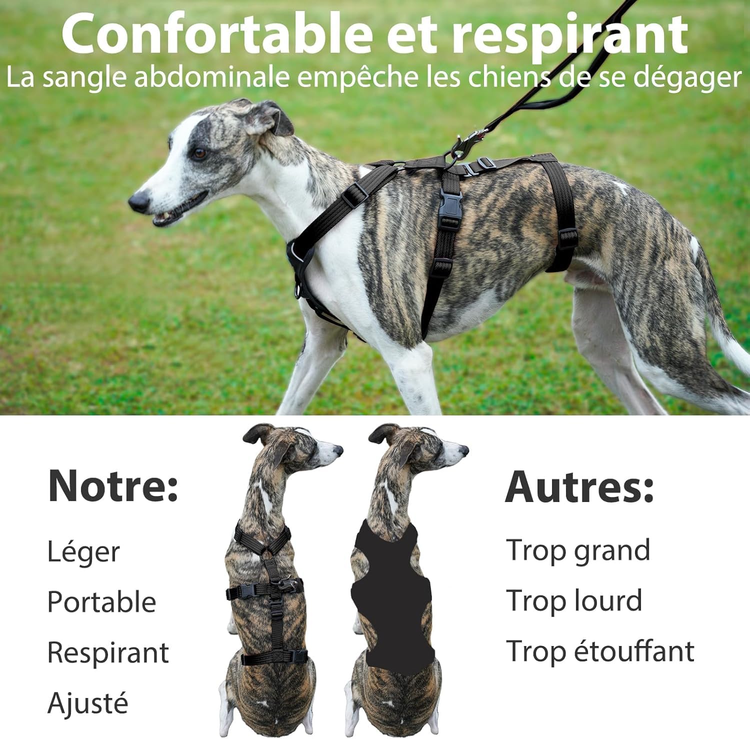 Harnais Anti-Fugue pour Chien, Harnais Anti Traction pour Chien, Réglable, Durable, Respirant, Anti-Étranglement, pour Petits Chiens en Extérieur (Noir,L)
