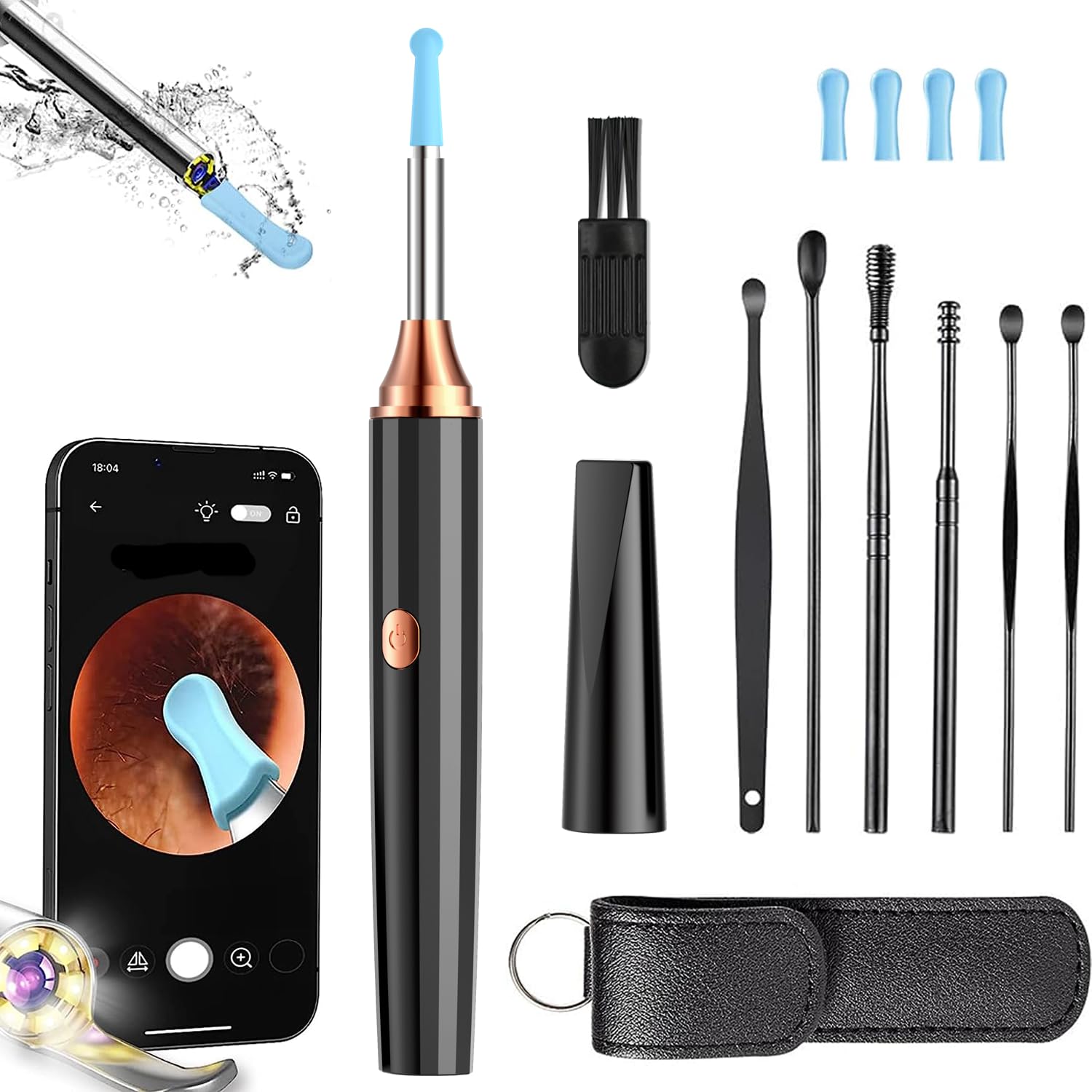 Otoscopio Rimozione di Cerume con Telecamera 1080P Impermeabile Endoscopio con 6 Luci LED Pulisci Orecchie per iPhone iPad e Android Nero