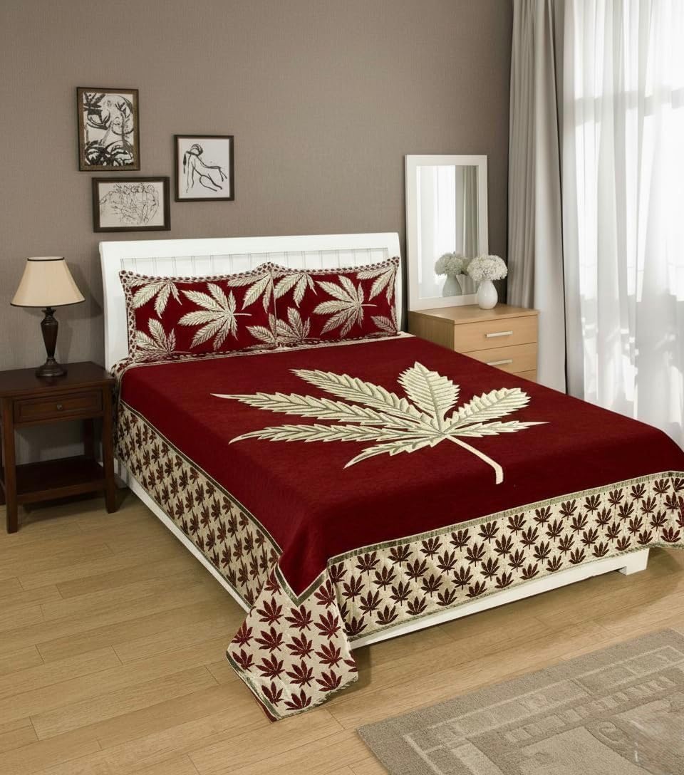 Chenille Bedsheet Set with Decorative Pattern, Queen Size 254 x 234 cm, 160 Thread Count, 8 Piece Diwan Set, Single Bedsheet with 1 Pillow Cover (Maroon Canadian, Double Bedsheet)-image-40