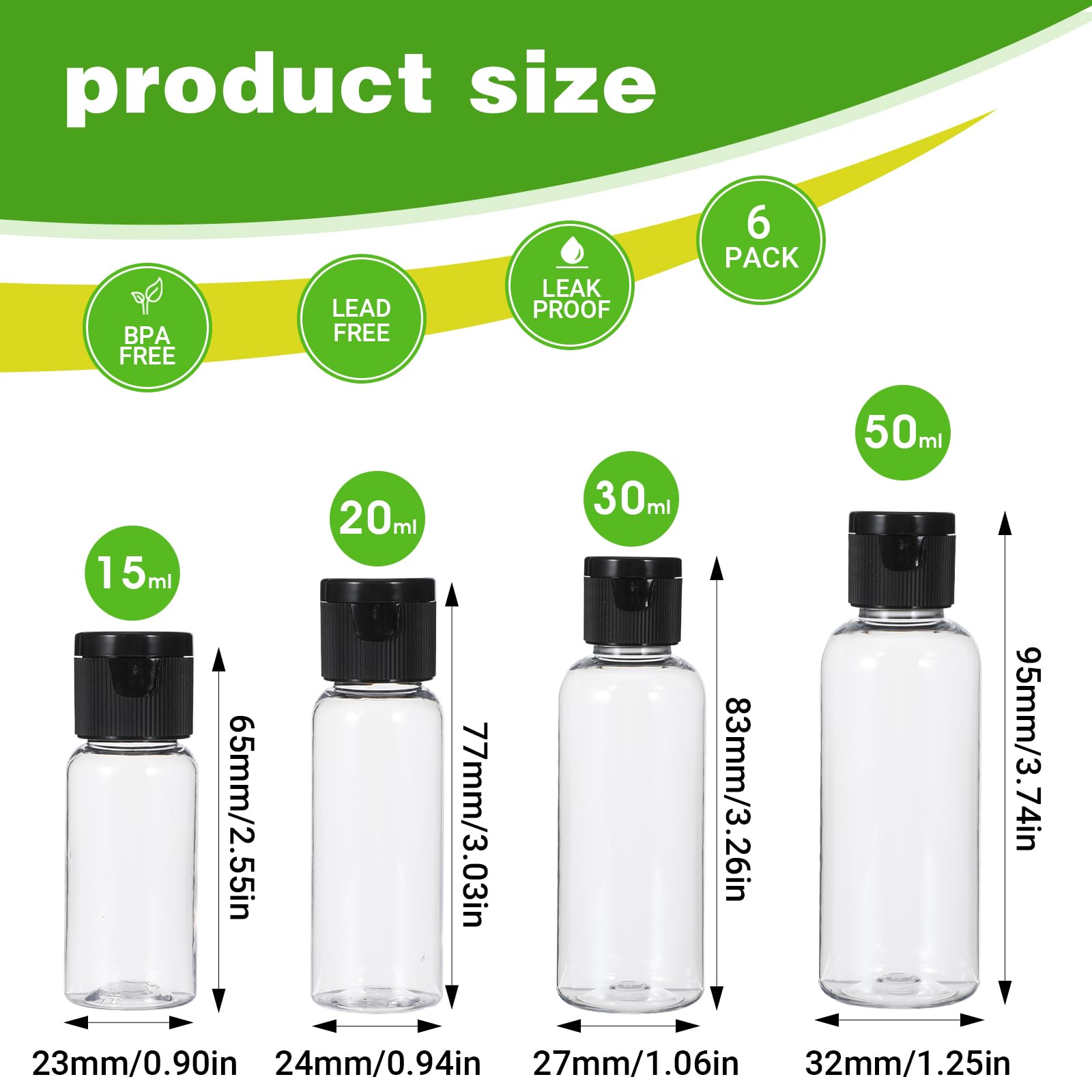 Oruola 8pcs Travel Containers for Toiletries,Travel Bottles for Toiletries,4 Sizes Plastic Travels Bottles with Leak-Proof Flip Cap,Travels Size Bottle for Shampoo,Lotion,and More (Black/Transparent) - Image 2