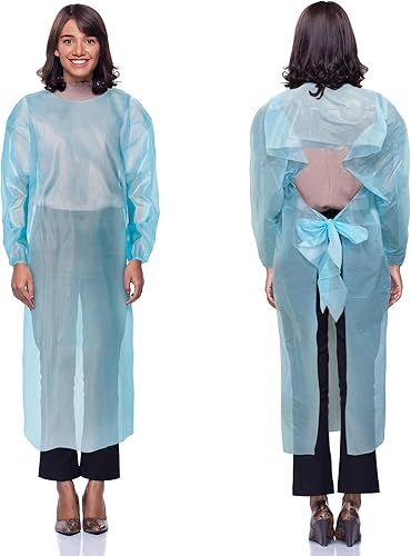 AMZ Medical Supply Bata aislante desechable azul, grande. Paquete de 100 vestidos de PPE desechables. Bata impermeable 100% polietileno de