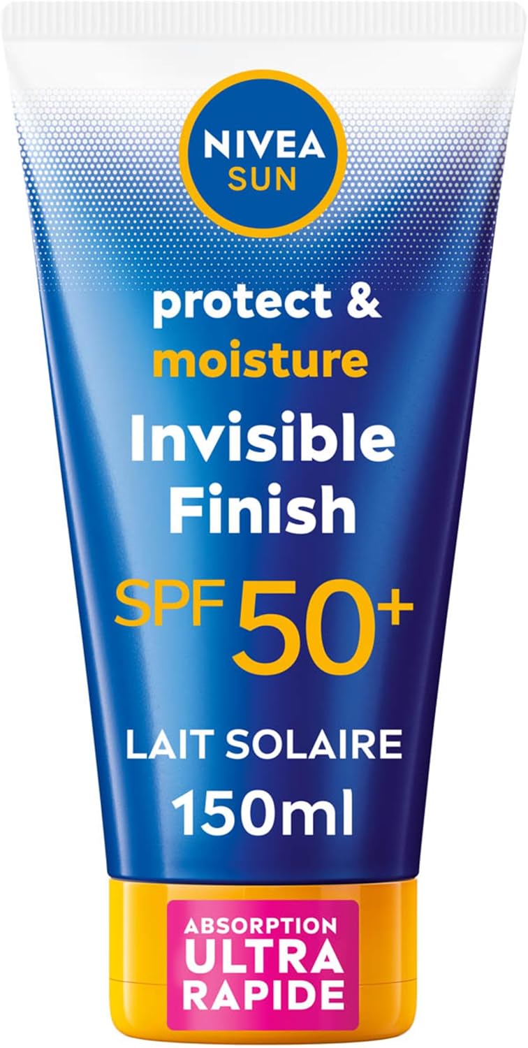 NIVEA SUN Lait Solaire Invisible Finish Protect & Hydrate SPF 50+ 150 ml — Crème Solaire résistante à l'eau — Protège et Hydrate — Haute Protection Visage et Corps