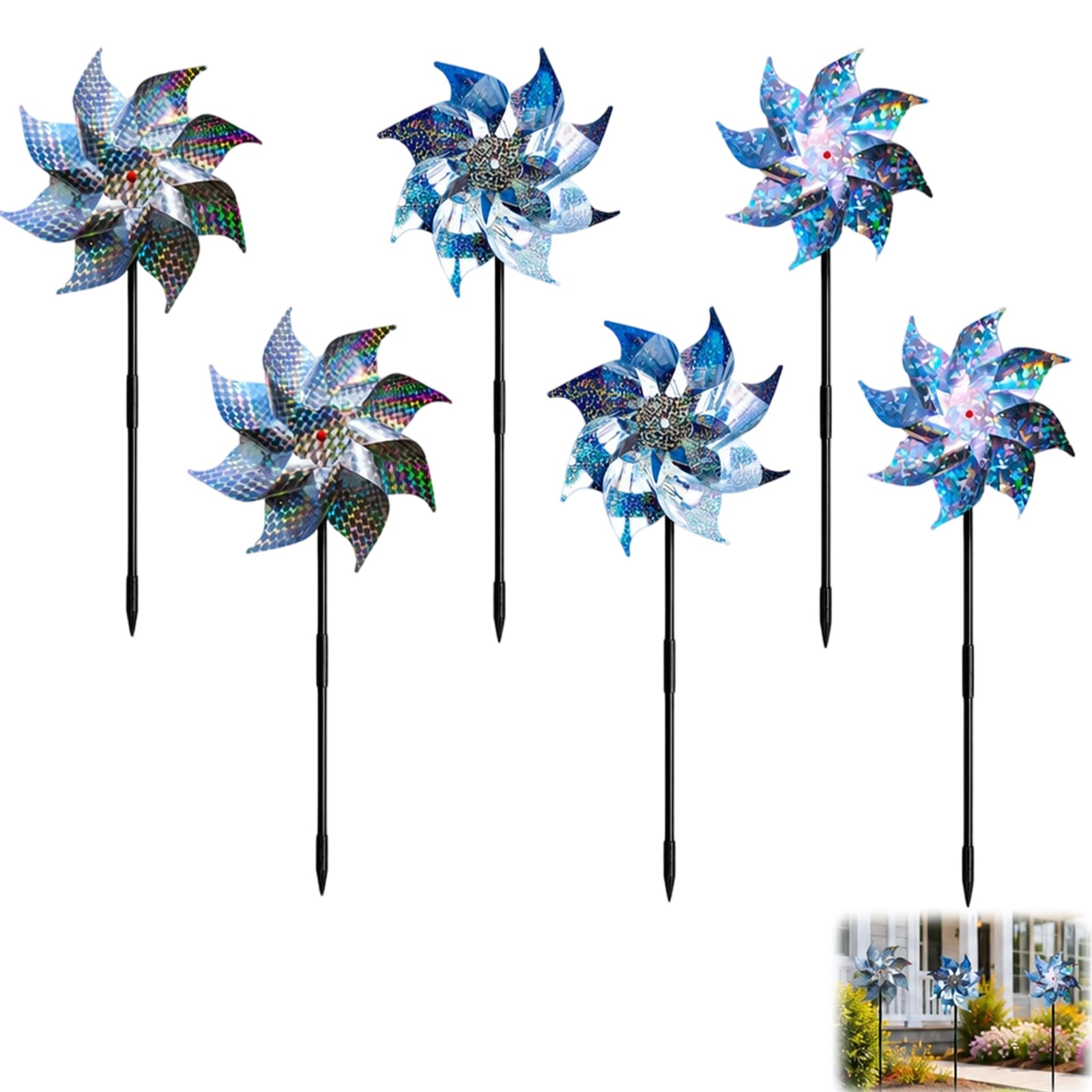 6Pcs Windmills for Garden to Scare Birds, Garden Windmills, 18cm Laser Reflective Bird Scarer Windmill Set, Spinning Pigeon Deterrent for Gardens and Outdoors, 3 Patterns