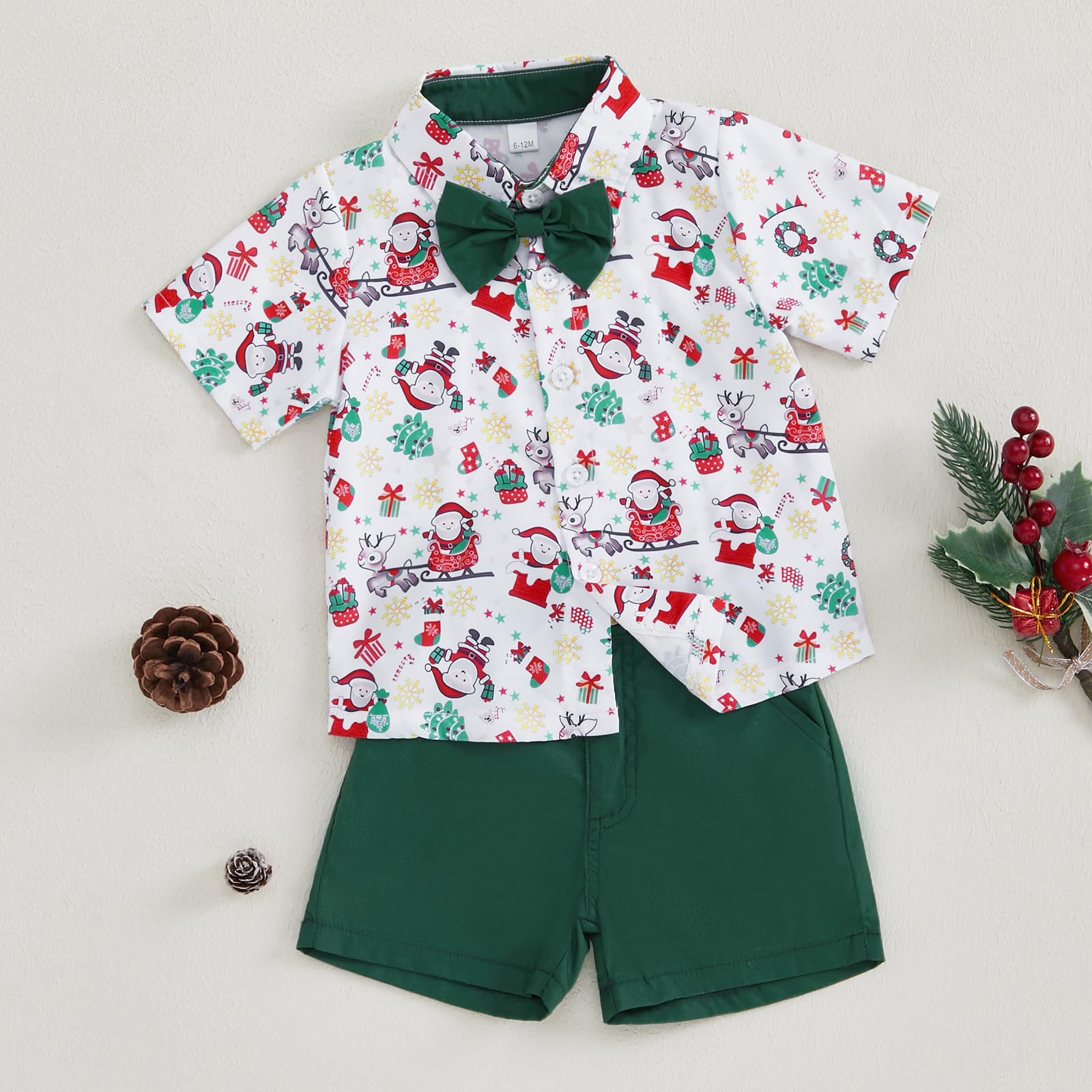 KtwHarnu Toddler Baby Boy Christmas Outfit Button Up Short Sleeve Bowtie Shirt and Shorts Set Gentleman Outfits Suit (A-Green, 6-12 Months)